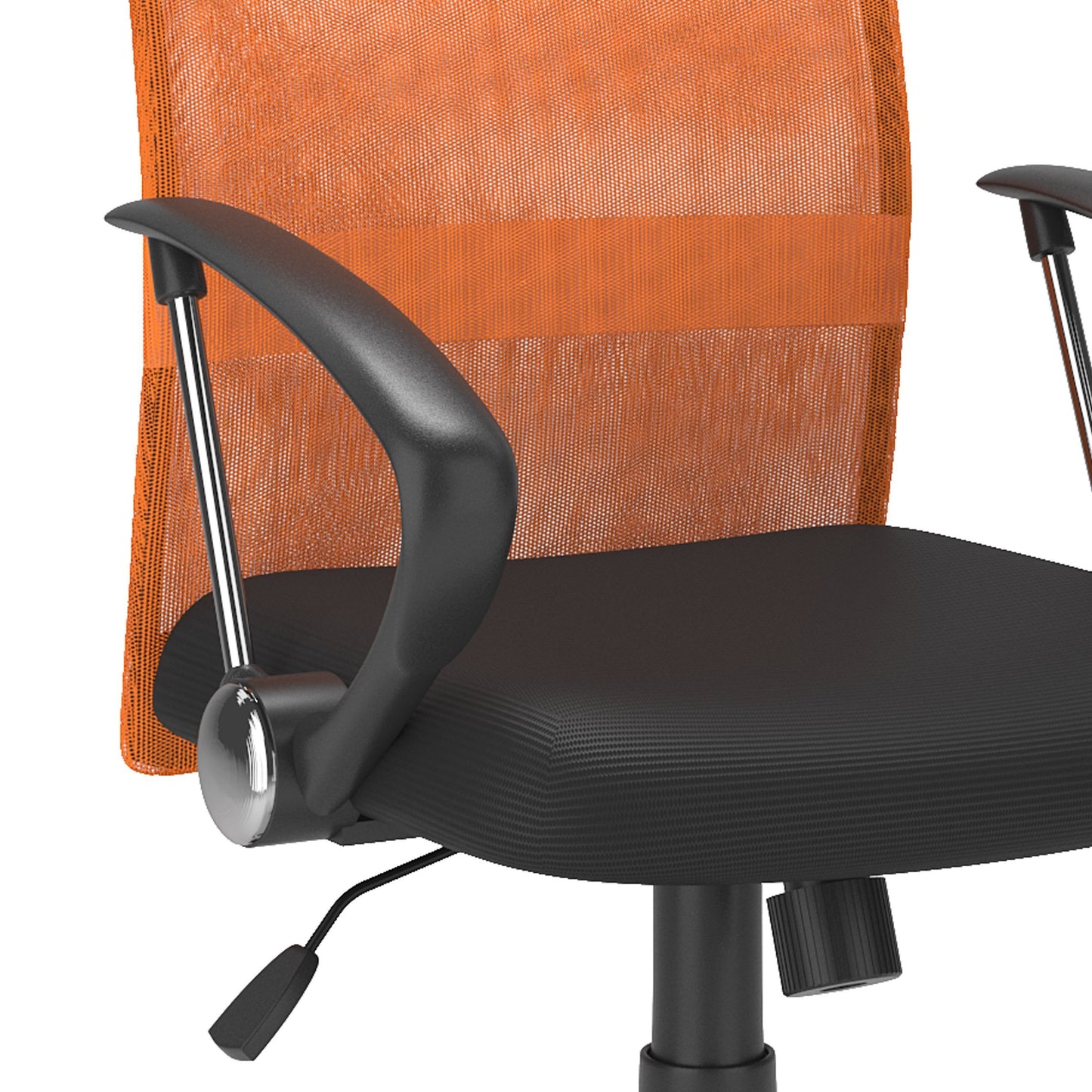 Orange fabric office chair with ergonomic design, padded seat, and adjustable height. Features a high backrest, black armrests, and a sturdy metal base with smooth-rolling casters for easy mobility.
