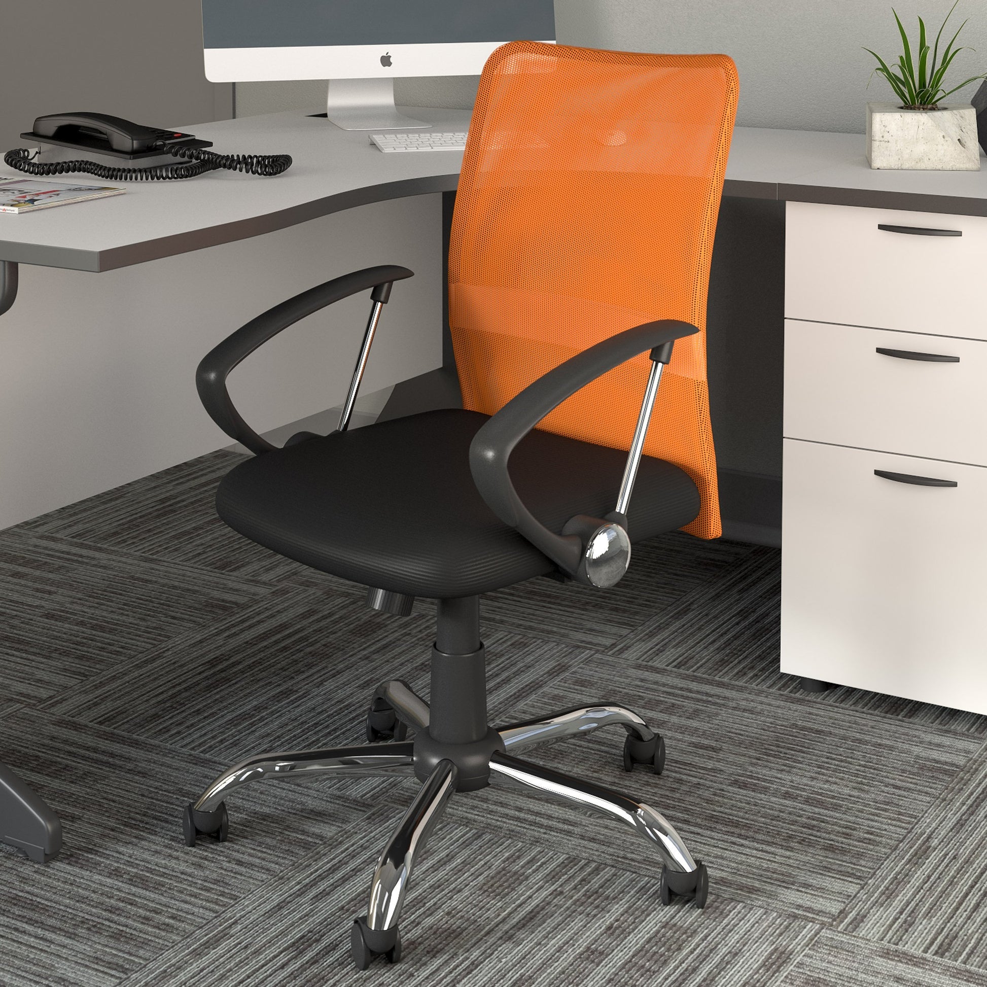Orange fabric office chair with ergonomic design, padded seat, and adjustable height. Features a high backrest, black armrests, and a sturdy metal base with smooth-rolling casters for easy mobility.