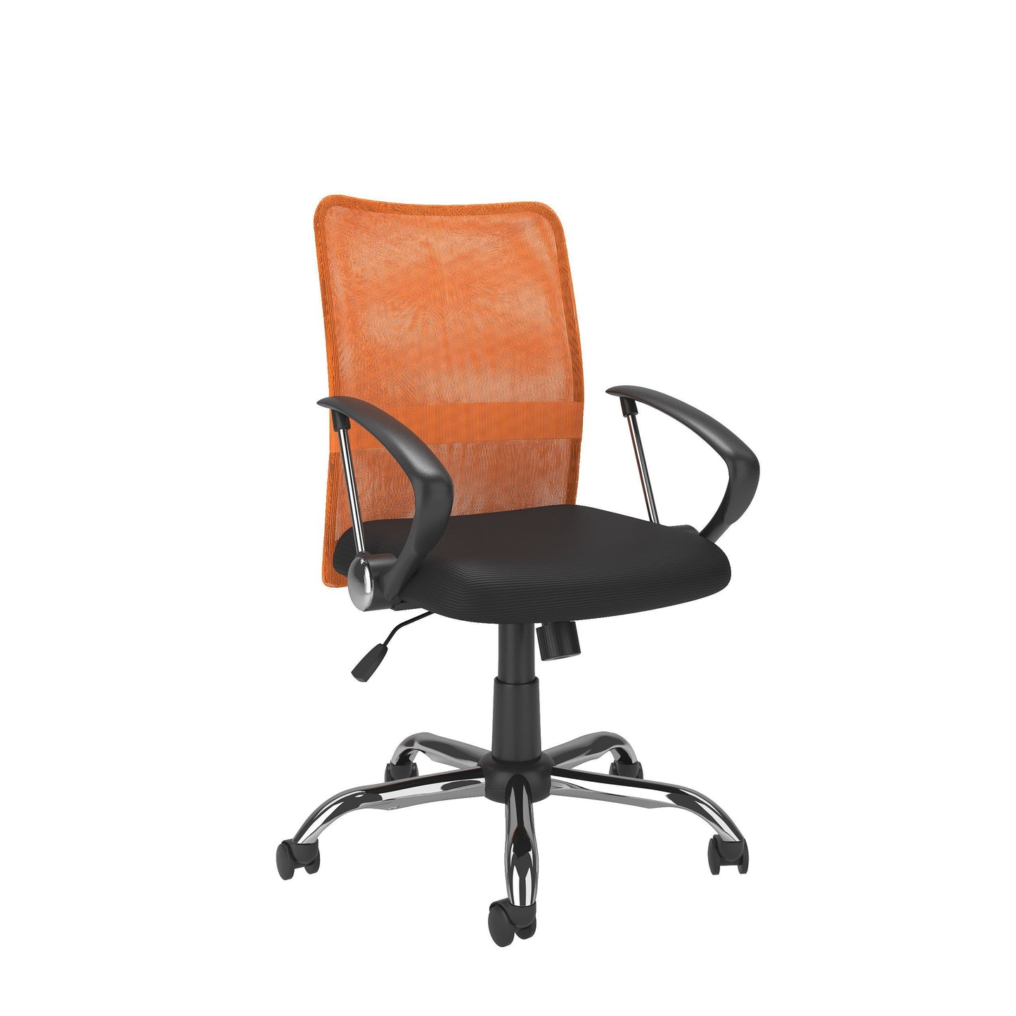 Orange fabric office chair with ergonomic design, padded seat, and adjustable height. Features a high backrest, black armrests, and a sturdy metal base with smooth-rolling casters for easy mobility.