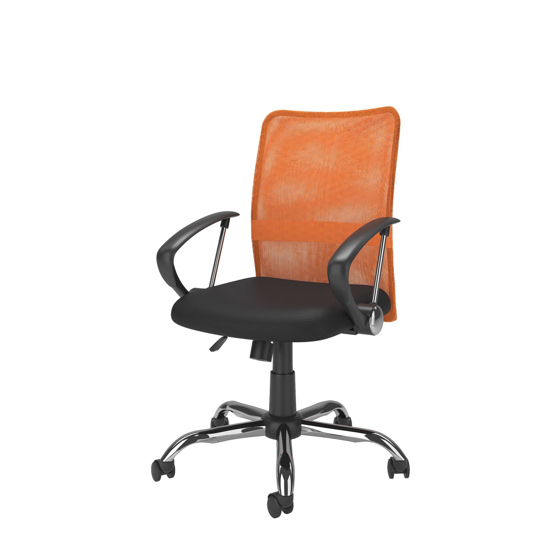 Orange fabric office chair with ergonomic design, padded seat, and adjustable height. Features a high backrest, black armrests, and a sturdy metal base with smooth-rolling casters for easy mobility.
