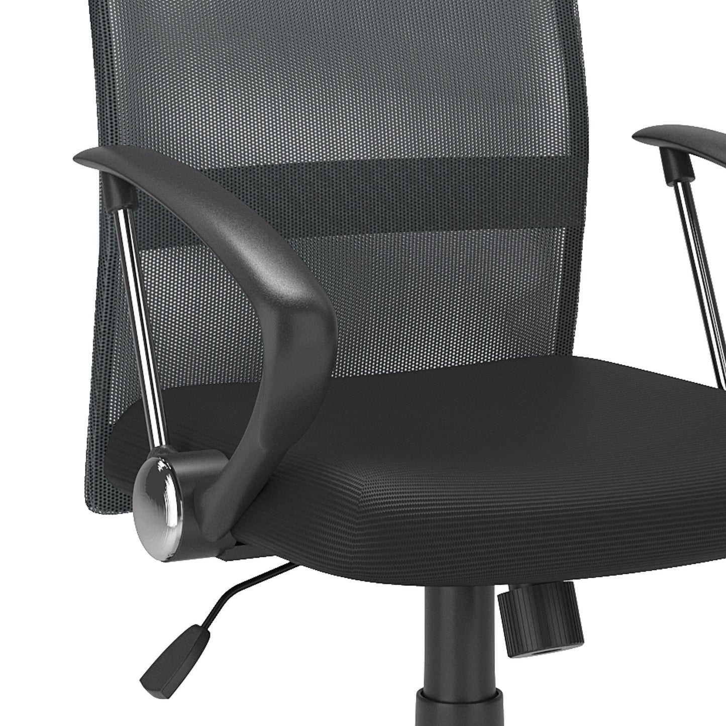 Dark grey fabric office chair with ergonomic design, adjustable height, padded armrests, and lumbar support. Ideal for home office or workspace, featuring a sturdy metal base and smooth-rolling casters.
