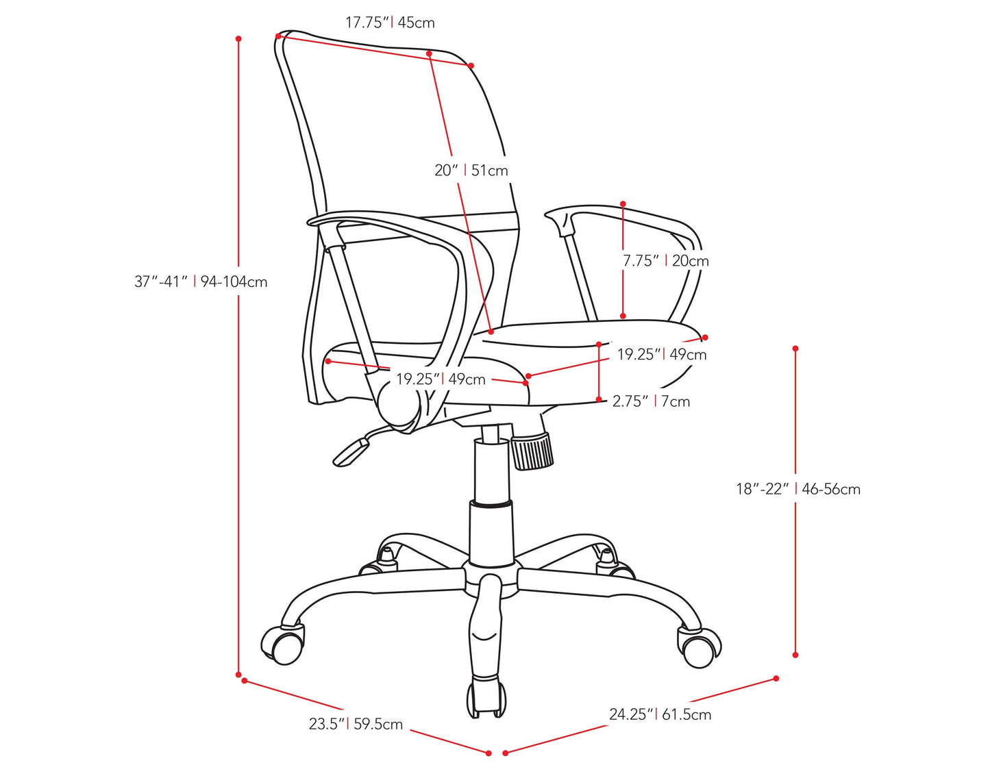 Dark grey fabric office chair with ergonomic design, adjustable height, padded armrests, and lumbar support. Ideal for home office or workspace, featuring a sturdy metal base and smooth-rolling casters.
