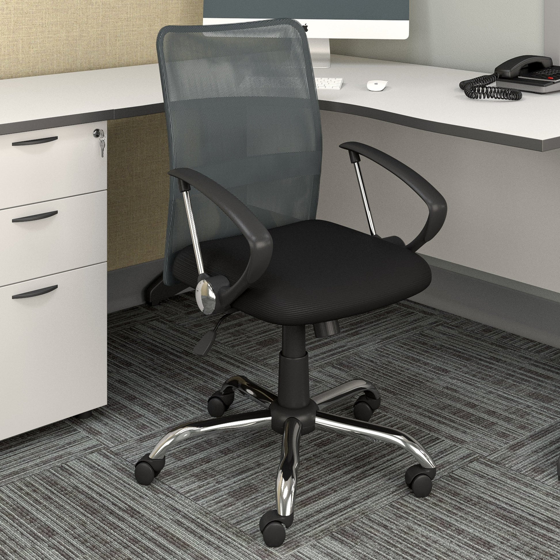 Dark grey fabric office chair with ergonomic design, adjustable height, padded armrests, and lumbar support. Ideal for home office or workspace, featuring a sturdy metal base and smooth-rolling casters.