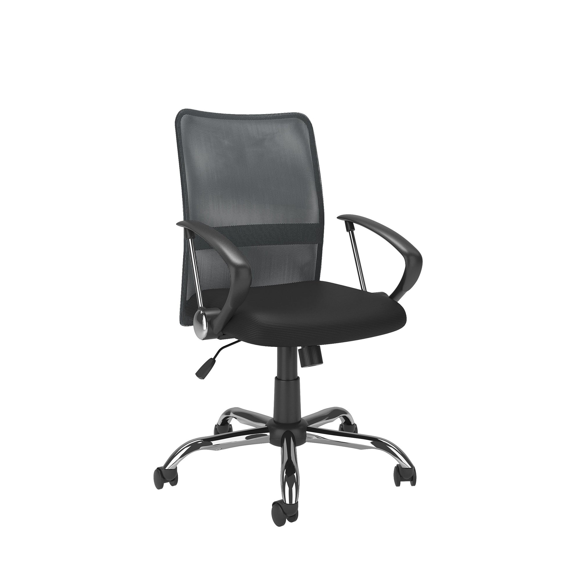 Dark grey fabric office chair with ergonomic design, adjustable height, padded armrests, and lumbar support. Ideal for home office or workspace, featuring a sturdy metal base and smooth-rolling casters.