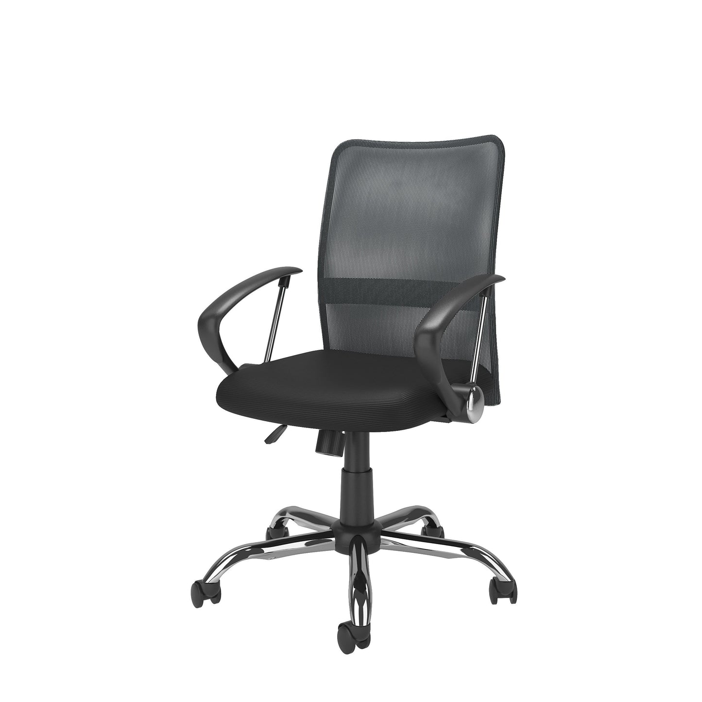 Dark grey fabric office chair with ergonomic design, adjustable height, padded armrests, and lumbar support. Ideal for home office or workspace, featuring a sturdy metal base and smooth-rolling casters.