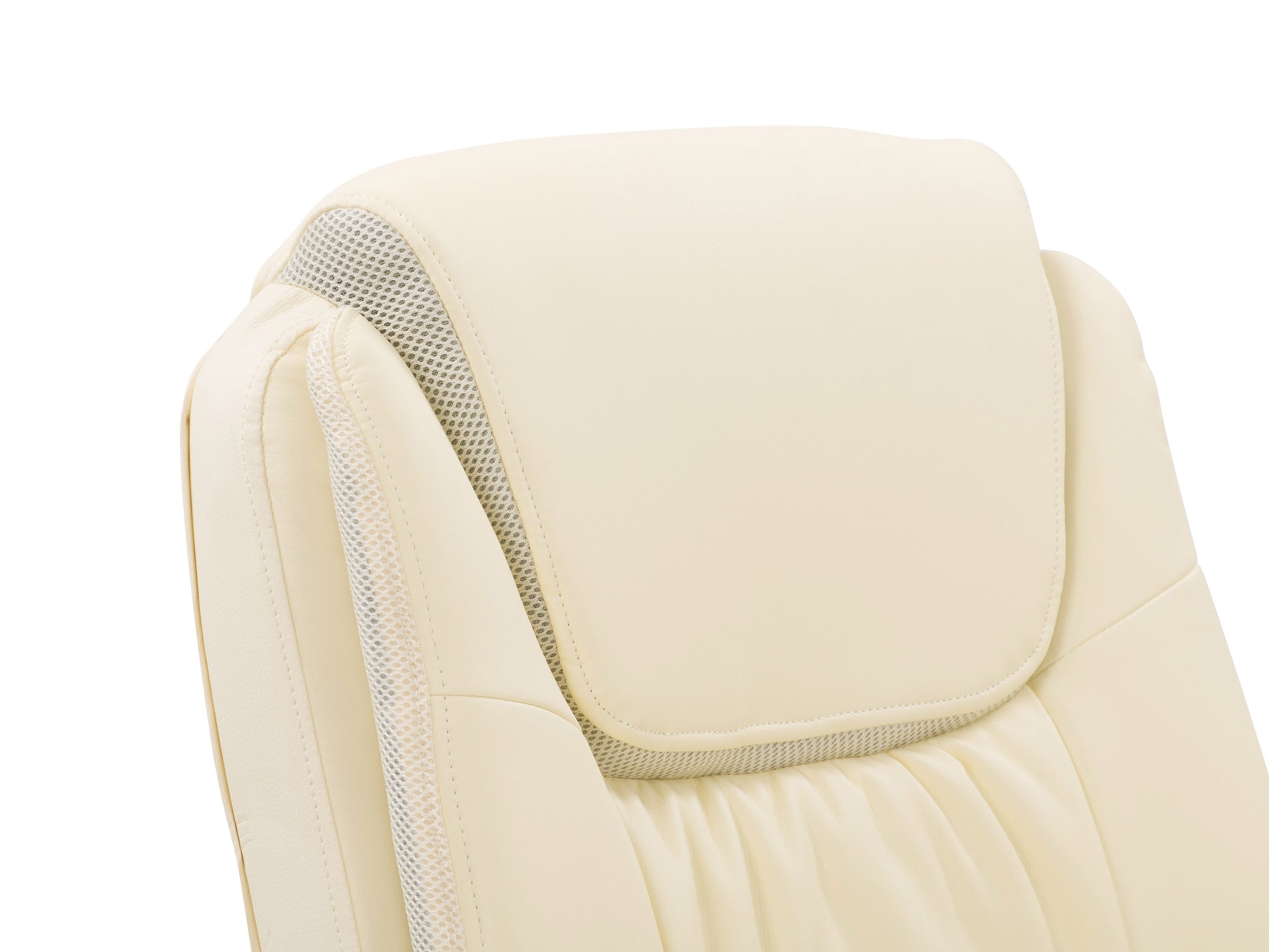 Cream office chair with padded seat and backrest, chrome metal base, and five caster wheels. Features adjustable height and ergonomic design, upholstered in soft cream fabric for comfort and style.