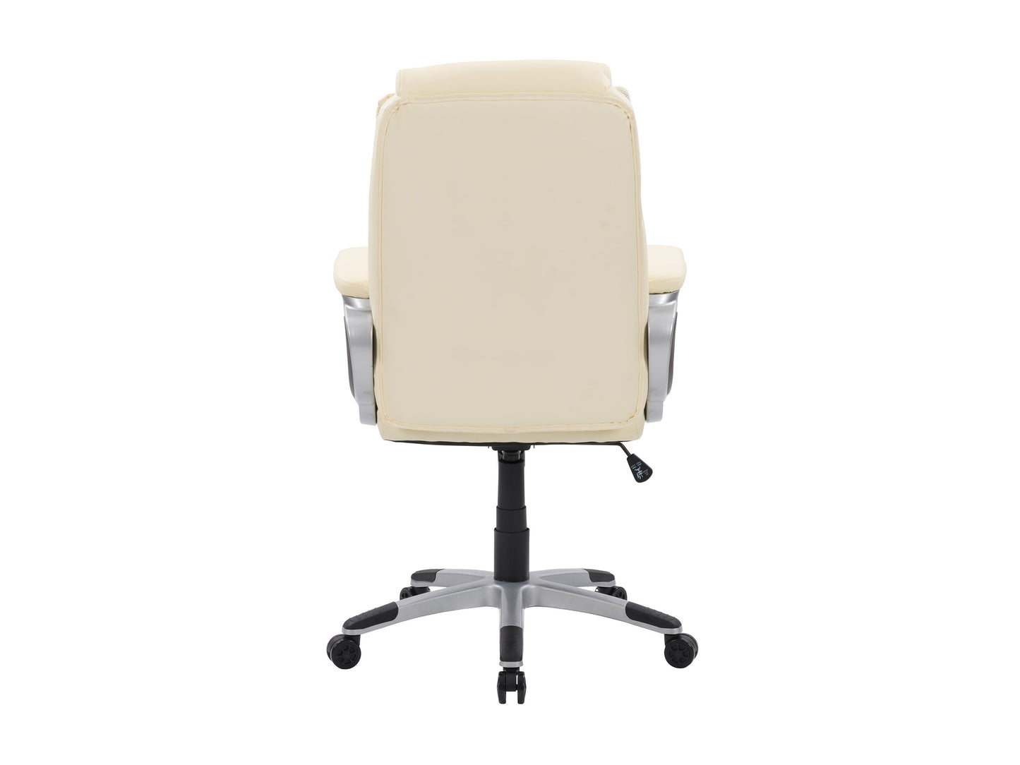 Cream office chair with ergonomic design, adjustable height, padded seat, and backrest. Features chrome base and smooth-rolling casters, ideal for modern home office or workspace.