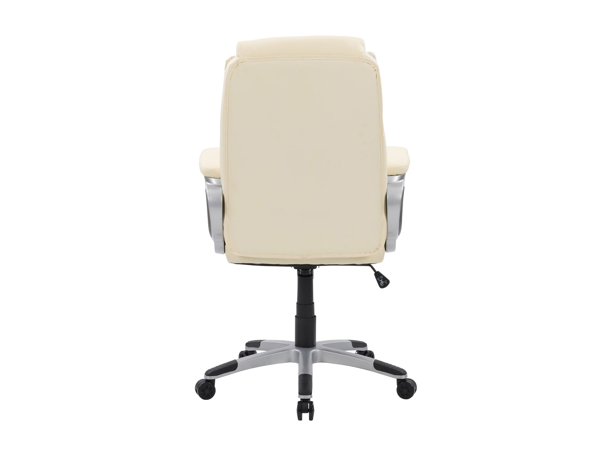 Cream office chair with ergonomic design, adjustable height, padded seat, and backrest. Features chrome base and smooth-rolling casters, ideal for modern home office or workspace.