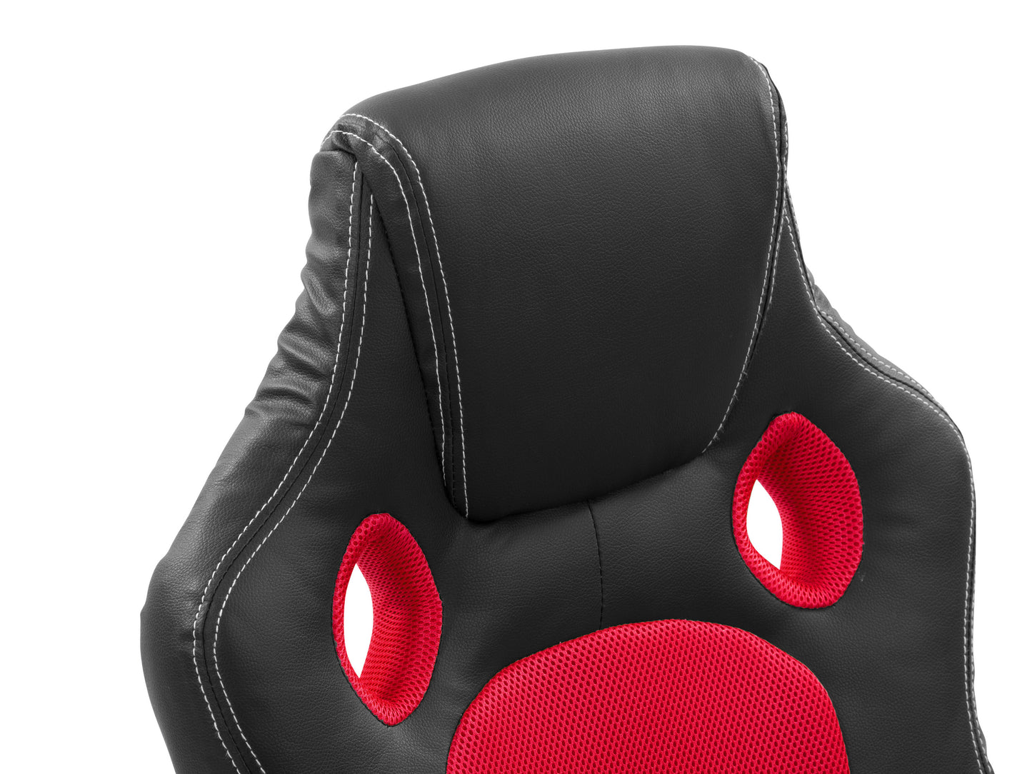 Black and red reclining gaming chair with ergonomic design, padded armrests, adjustable headrest, and lumbar support, made with breathable mesh and faux leather, ideal for long gaming sessions.