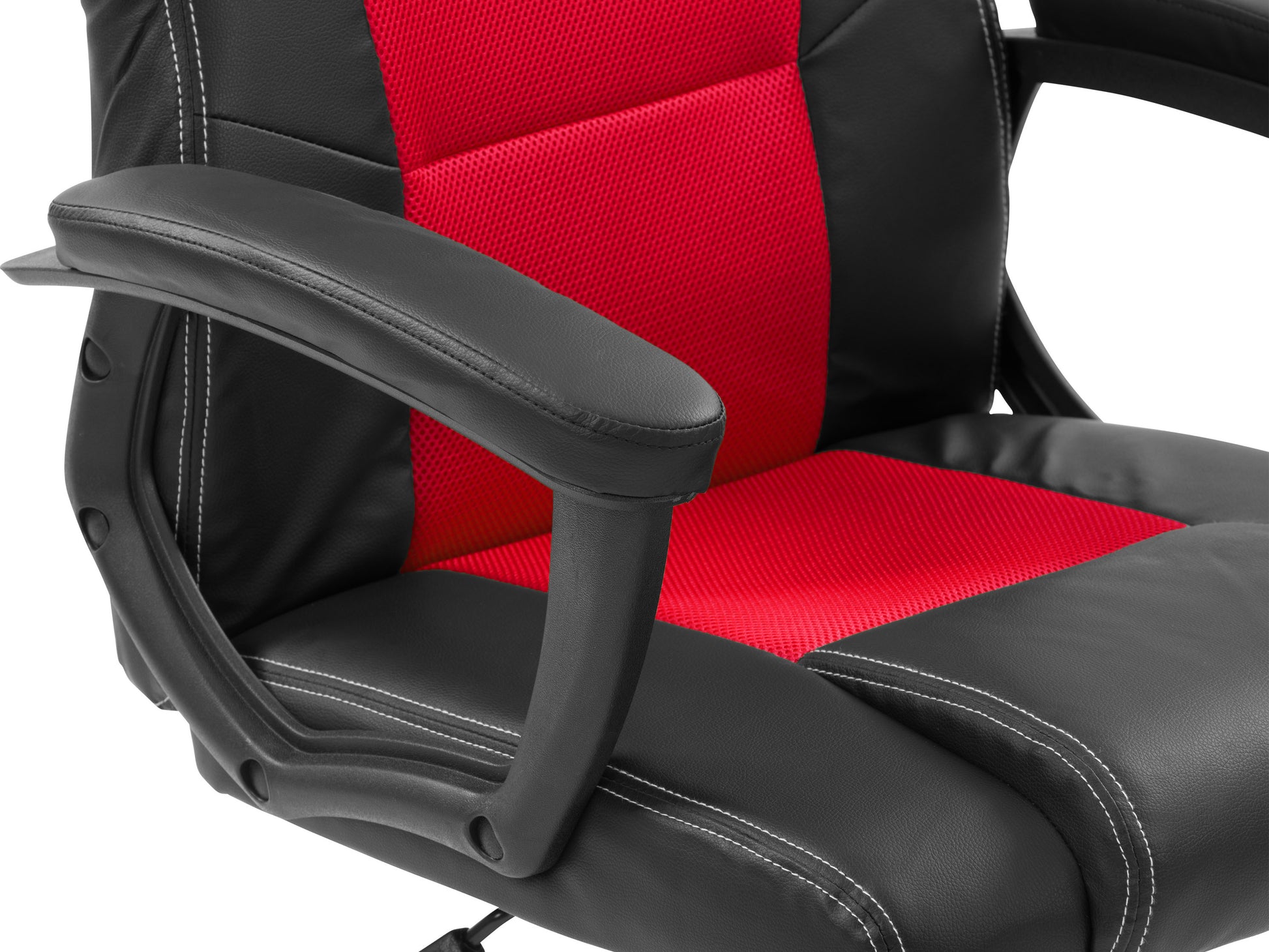 Reclining gaming chair with ergonomic design, black and red faux leather, adjustable armrests, lumbar support, and high-back headrest for ultimate comfort and style during long gaming sessions.