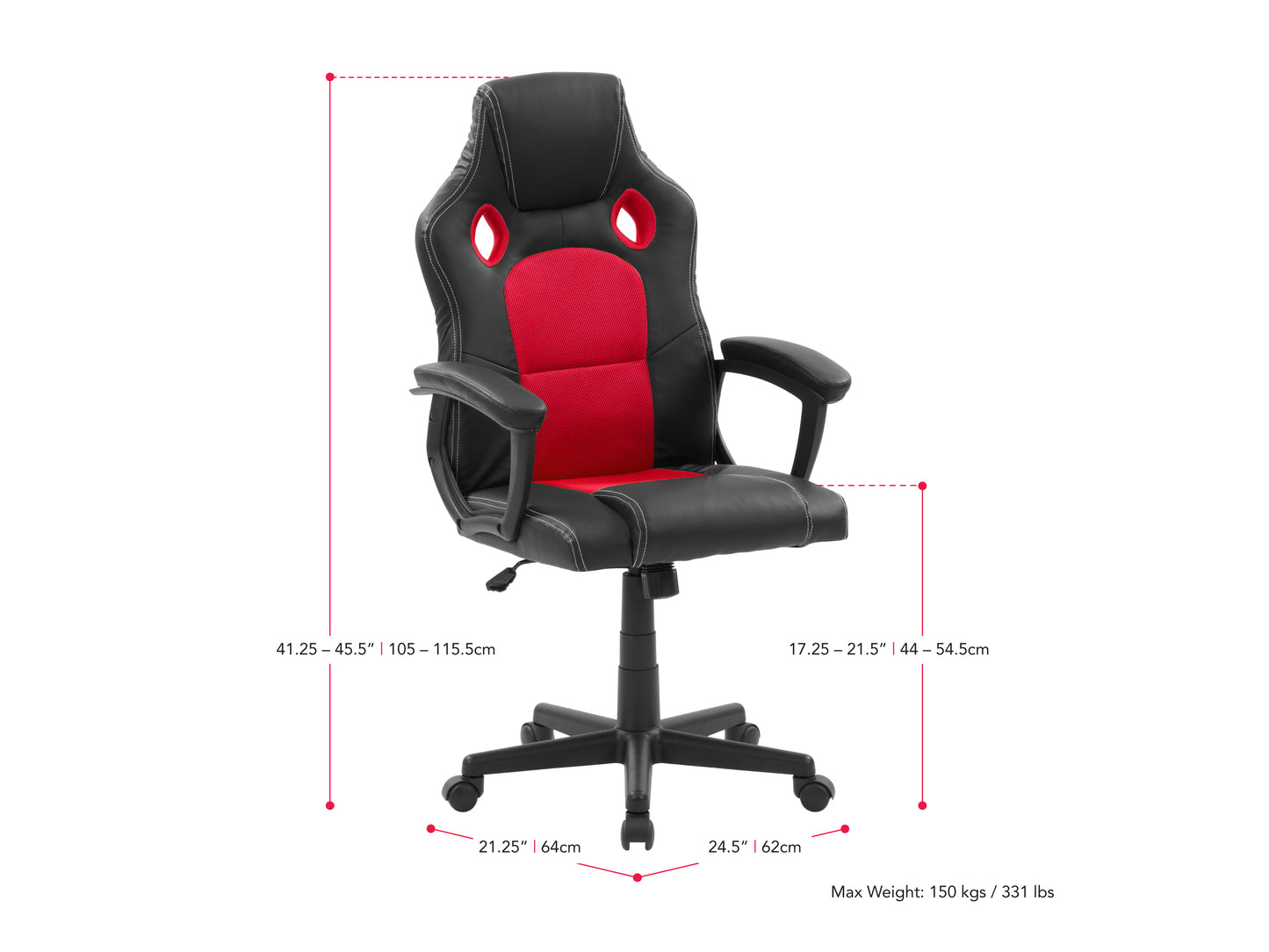 Ergonomic black and red reclining gaming chair with adjustable armrests, lumbar support, and a high-back design, featuring breathable mesh fabric and a sturdy metal frame.