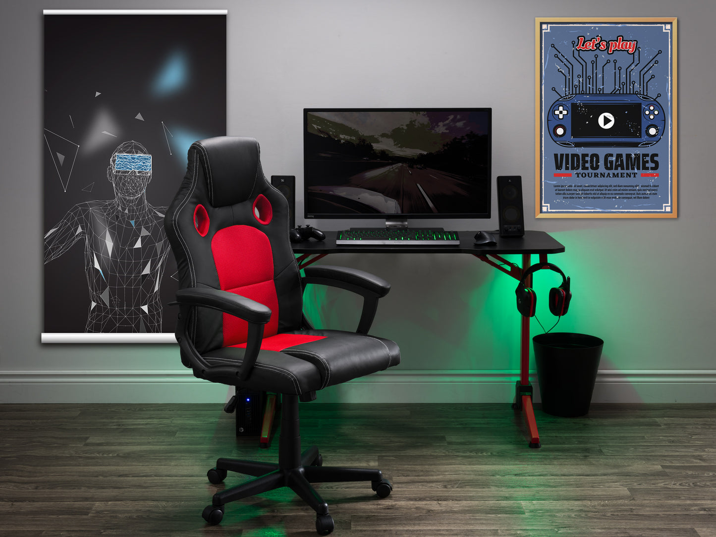 Black reclining gaming chair with red accents, ergonomic design, adjustable headrest, lumbar support, and padded armrests. Features durable leather material, smooth reclining mechanism, and sturdy base with caster wheels.