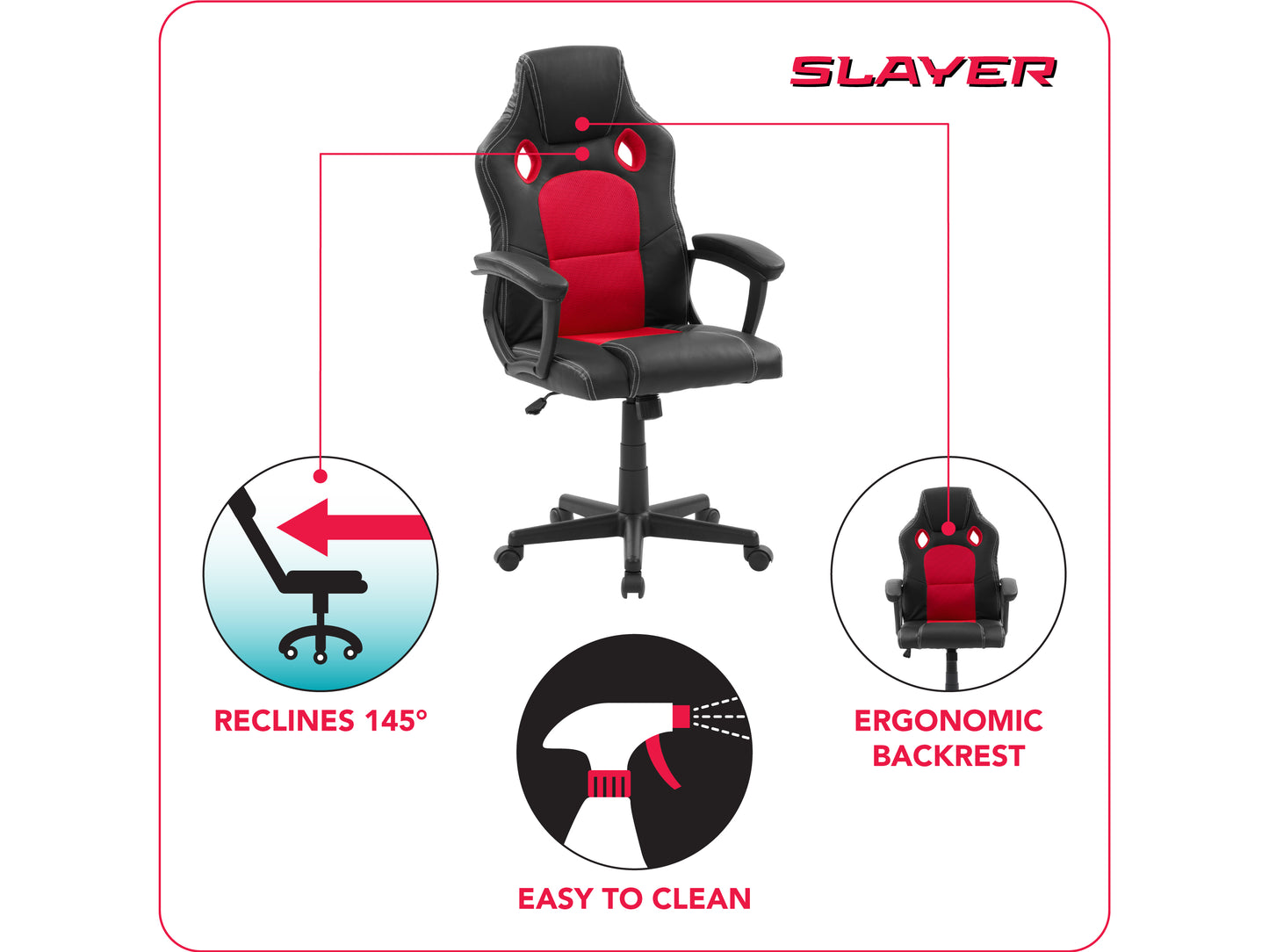 Reclining gaming chair with adjustable headrest and lumbar support, black and red PU leather, ergonomic design, high-density foam padding, and 360-degree swivel base.
