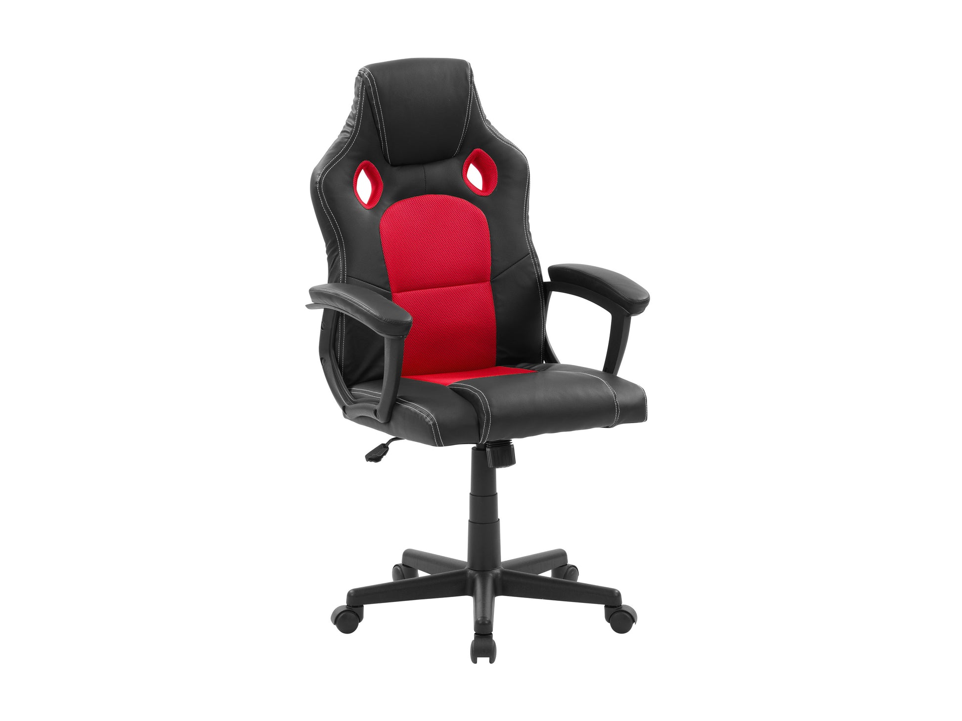 Black and red reclining gaming chair with ergonomic design, cushioned armrests, adjustable headrest, and lumbar support, made from high-quality faux leather and breathable mesh fabric.