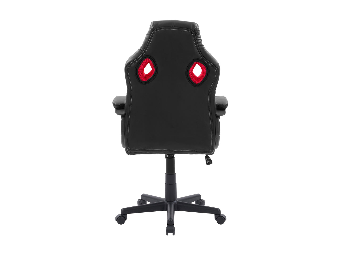 Black and red reclining gaming chair with ergonomic design, padded armrests, lumbar support, adjustable headrest, and smooth leather upholstery, perfect for gamers seeking comfort and style.