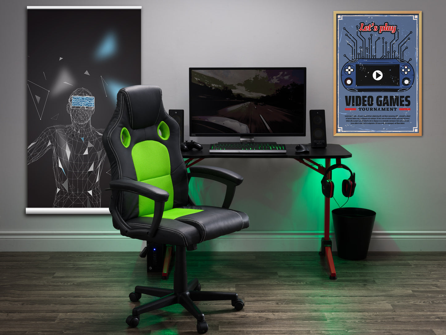 Black and red reclining gaming chair with ergonomic design, padded armrests, adjustable headrest, lumbar support, and high-density foam cushioning. Ideal for gamers seeking comfort and style.