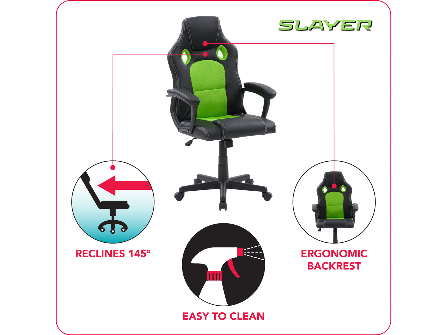 Black and red reclining gaming chair with lumbar support, adjustable headrest, and ergonomic design. Features high-density foam padding, PU leather upholstery, and 360-degree swivel base with caster wheels.