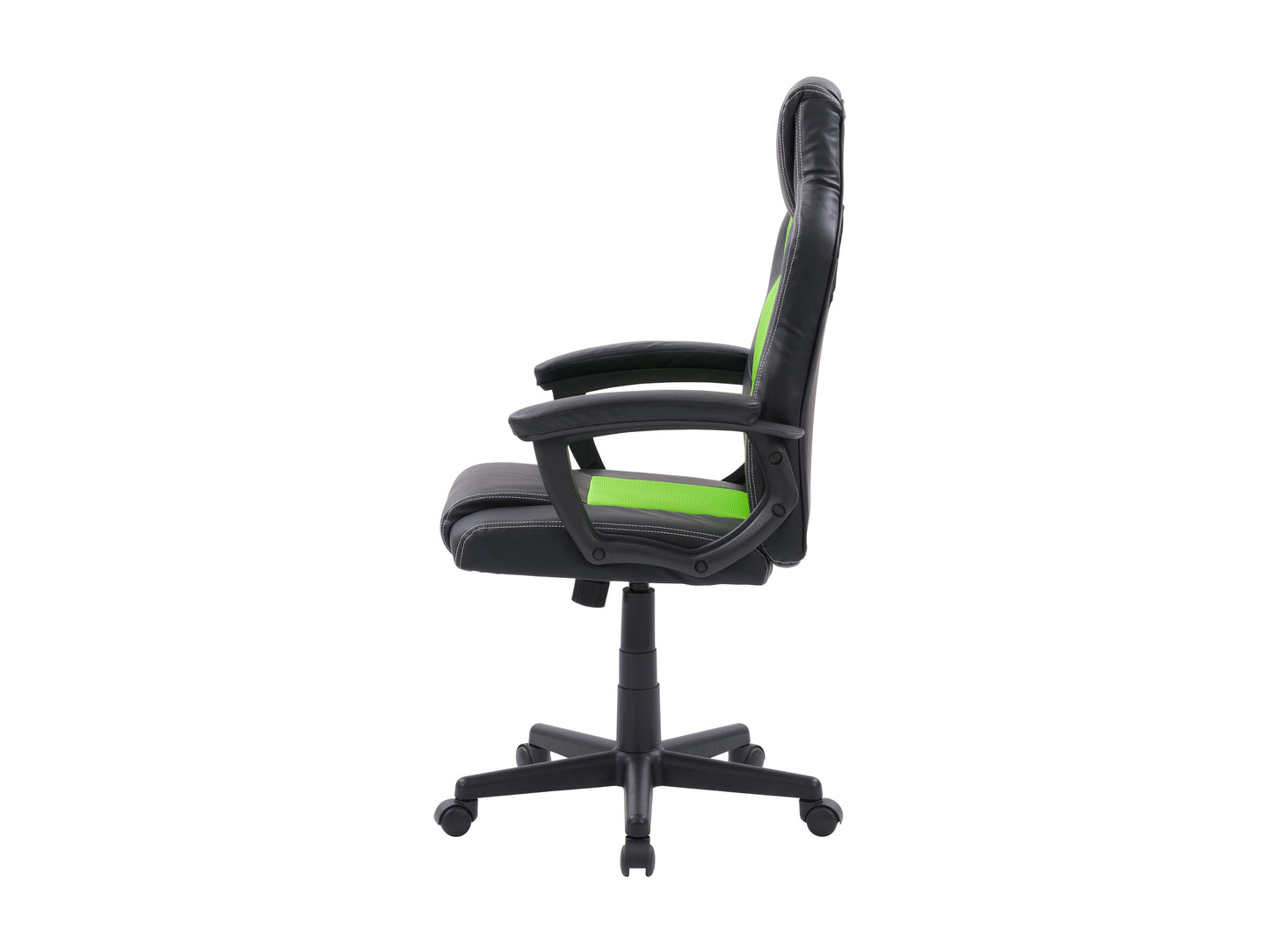 Reclining gaming chair in black and white faux leather with ergonomic design, adjustable armrests, lumbar support, and high backrest.