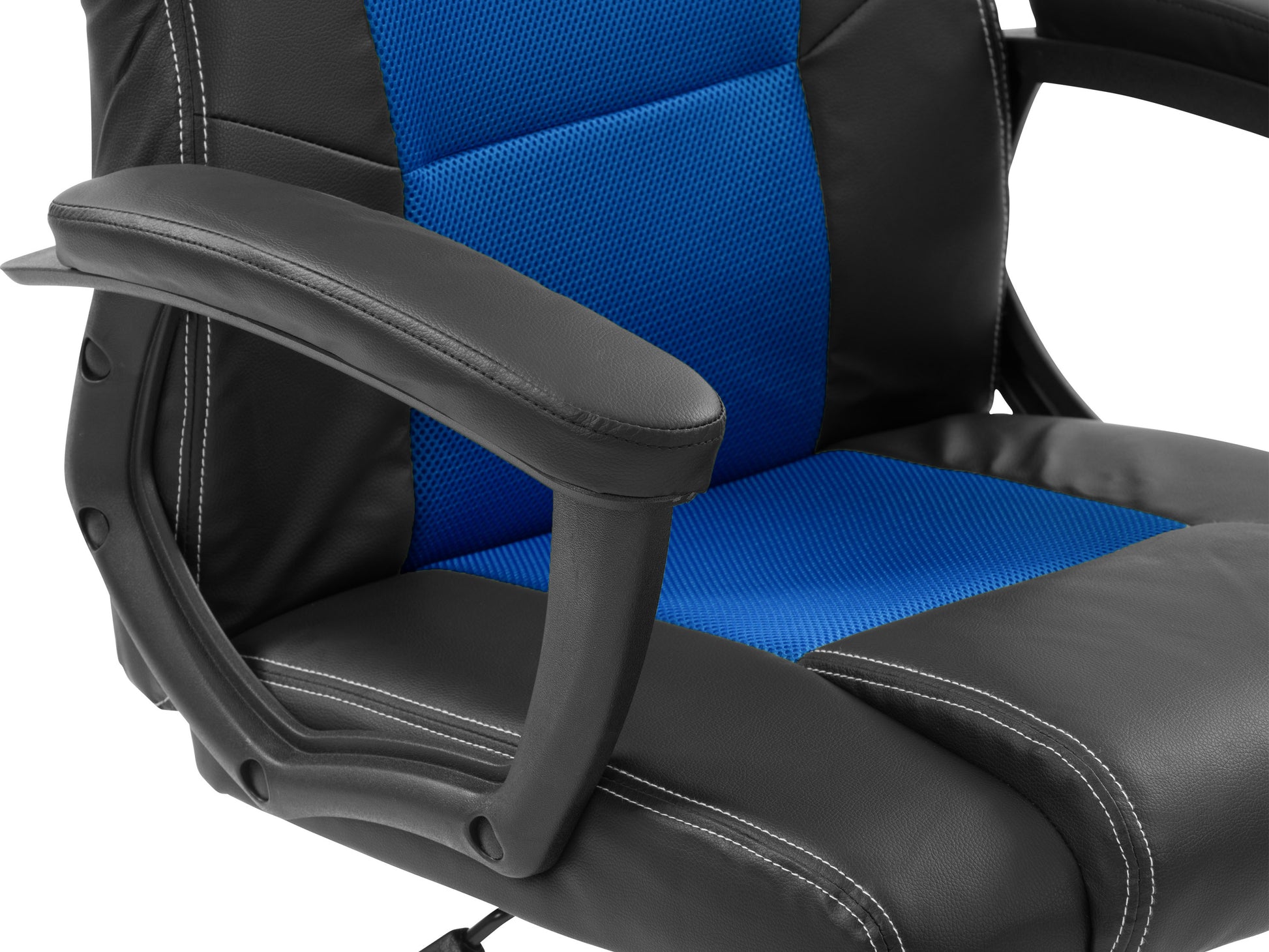 Black and white reclining gaming chair with ergonomic design, high-density foam padding, adjustable armrests, lumbar support, and breathable PU leather upholstery.