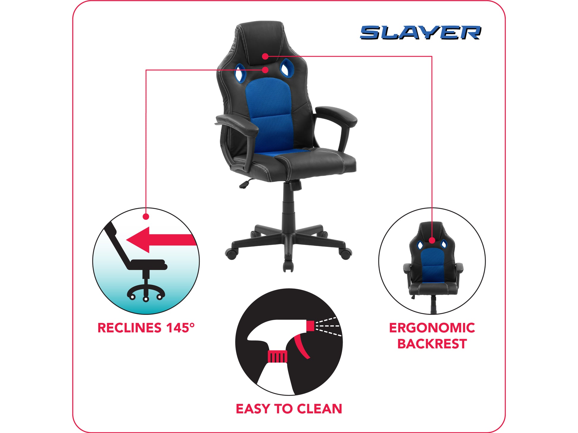 Reclining gaming chair with black and red faux leather, ergonomic design, adjustable armrests, and built-in lumbar support. Ideal for gamers seeking comfort and style.