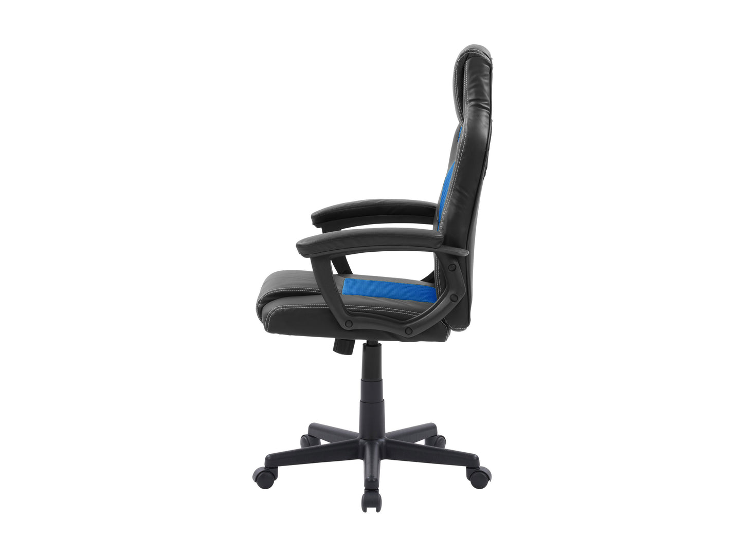 Reclining gaming chair in black and red faux leather with ergonomic design, padded armrests, adjustable headrest, and lumbar support; perfect for comfortable, extended gaming sessions.