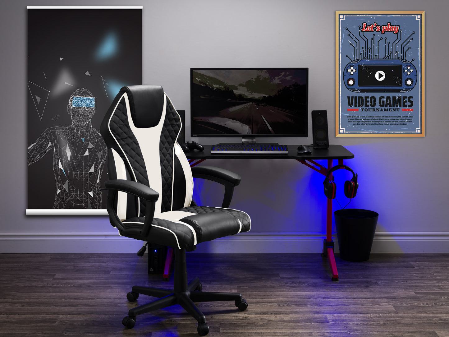 Black ergonomic gaming chair with red accents, adjustable headrest, lumbar support, breathable mesh back, and padded armrests, designed for long hours of comfortable gaming and office use.