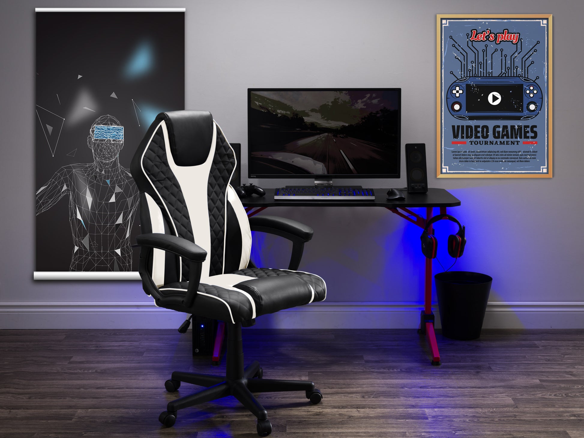 Black ergonomic gaming chair with red accents, adjustable headrest, lumbar support, breathable mesh back, and padded armrests, designed for long hours of comfortable gaming and office use.