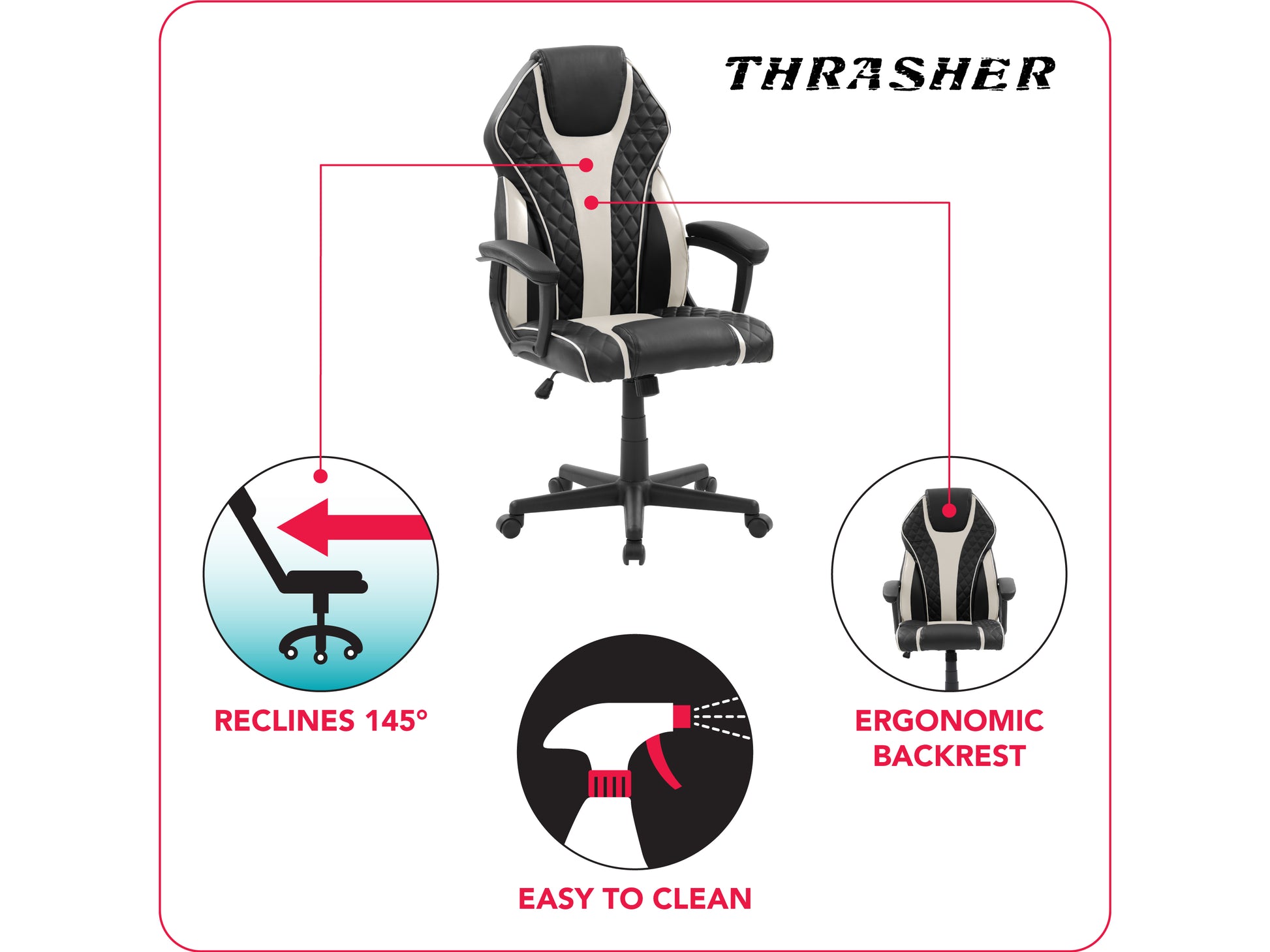 Ergonomic gaming chair with black and red leather, high backrest, adjustable armrests, lumbar support, and swivel base. Ideal for gamers seeking comfort and style.