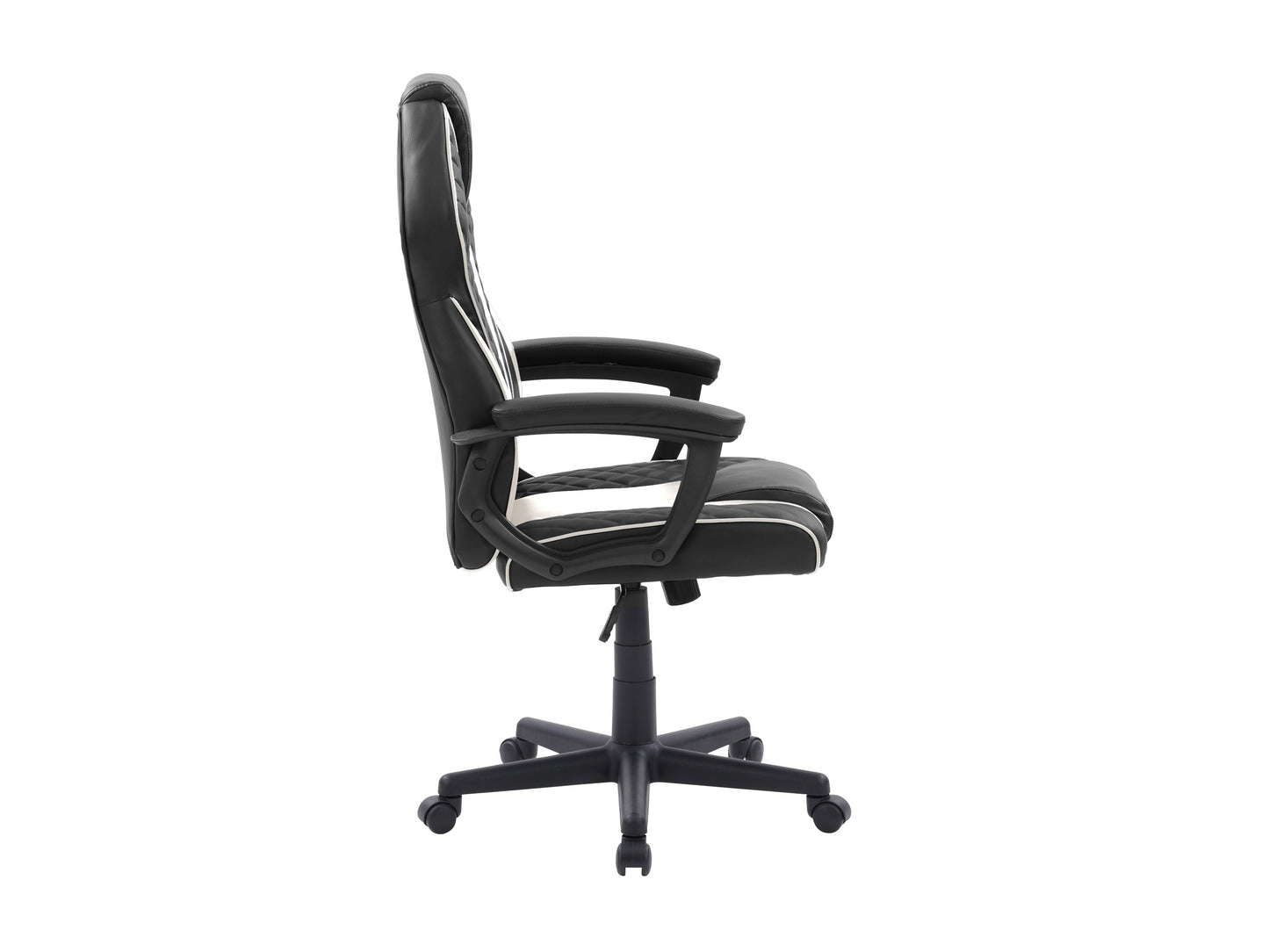 Ergonomic gaming chair with black and red faux leather, high backrest, adjustable armrests, lumbar support, and swivel base.
