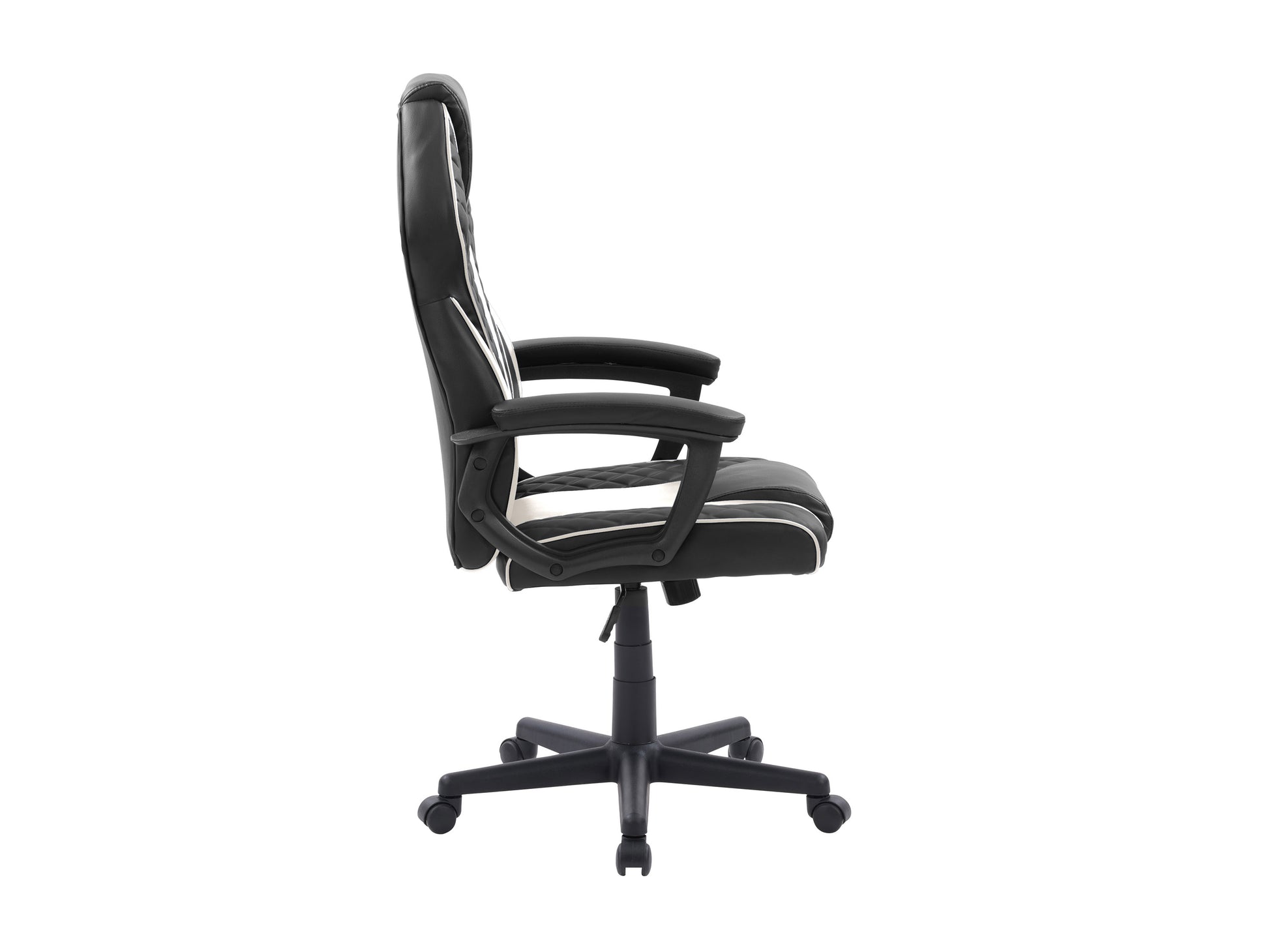 Ergonomic gaming chair with black and red faux leather, high backrest, adjustable armrests, lumbar support, and swivel base.