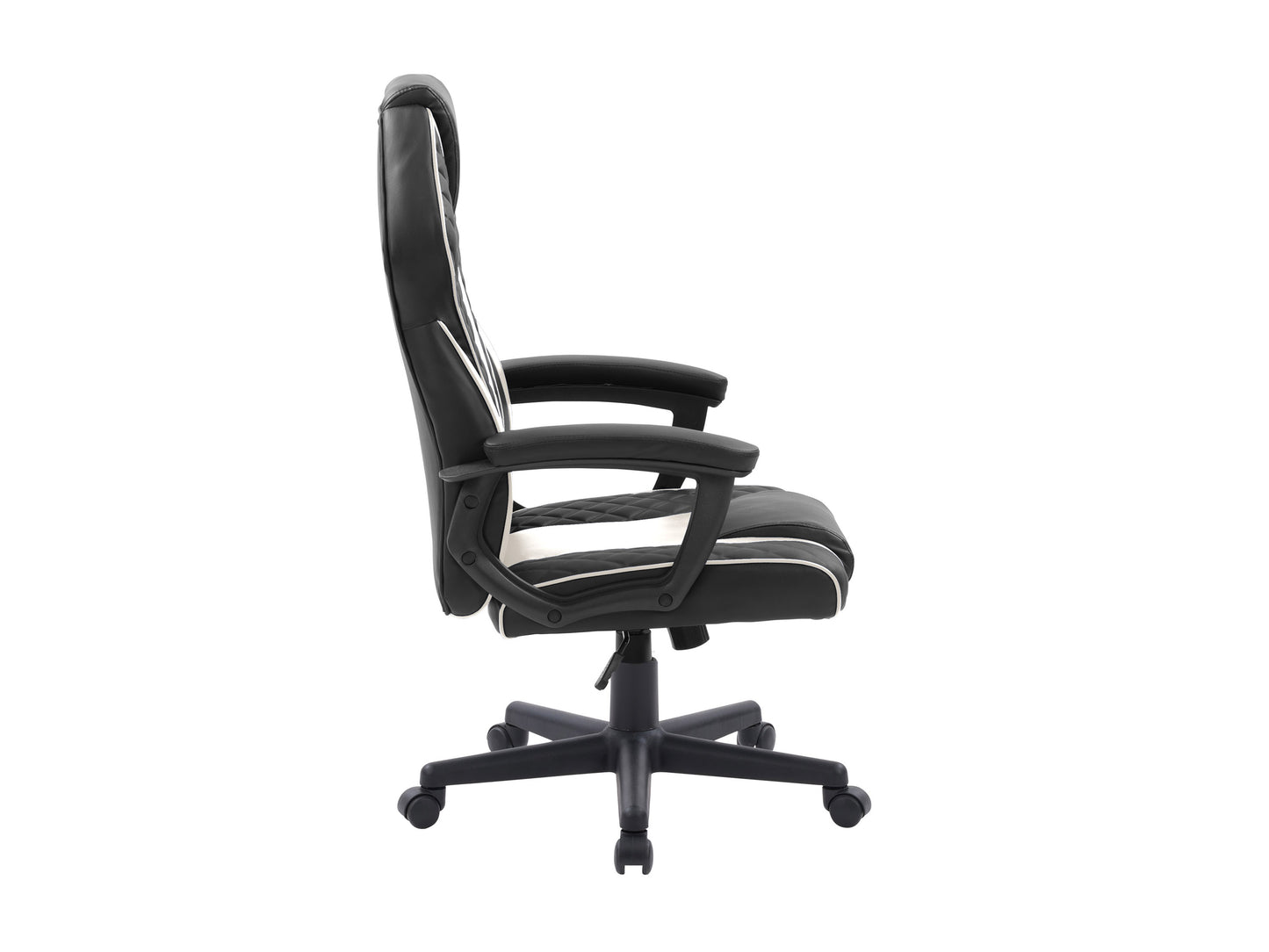Ergonomic gaming chair in black and white with adjustable armrests, high-back design, lumbar support, and padded seat for maximum comfort during long gaming sessions.