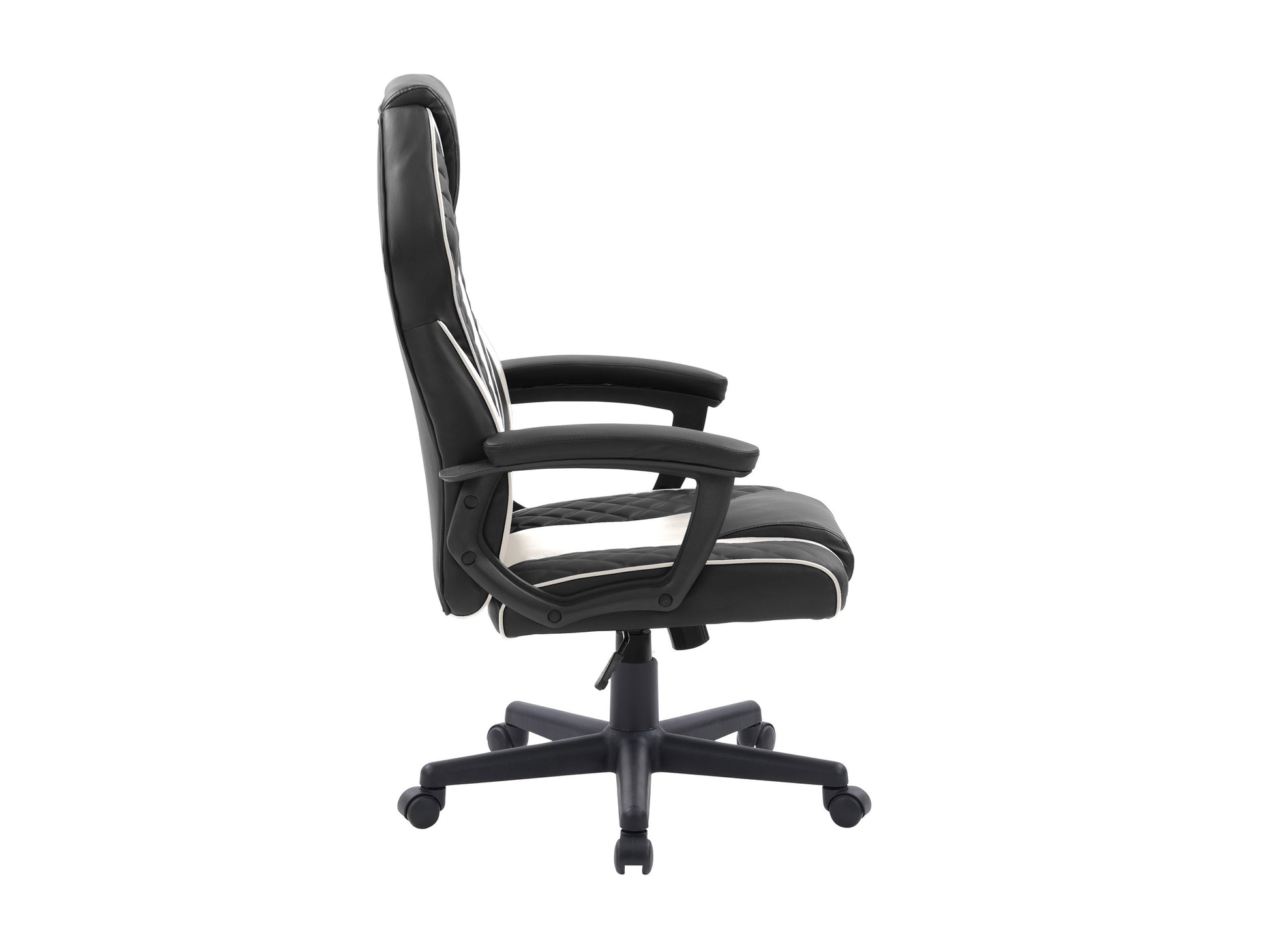 Ergonomic gaming chair in black and white with adjustable armrests, high-back design, lumbar support, and padded seat for maximum comfort during long gaming sessions.