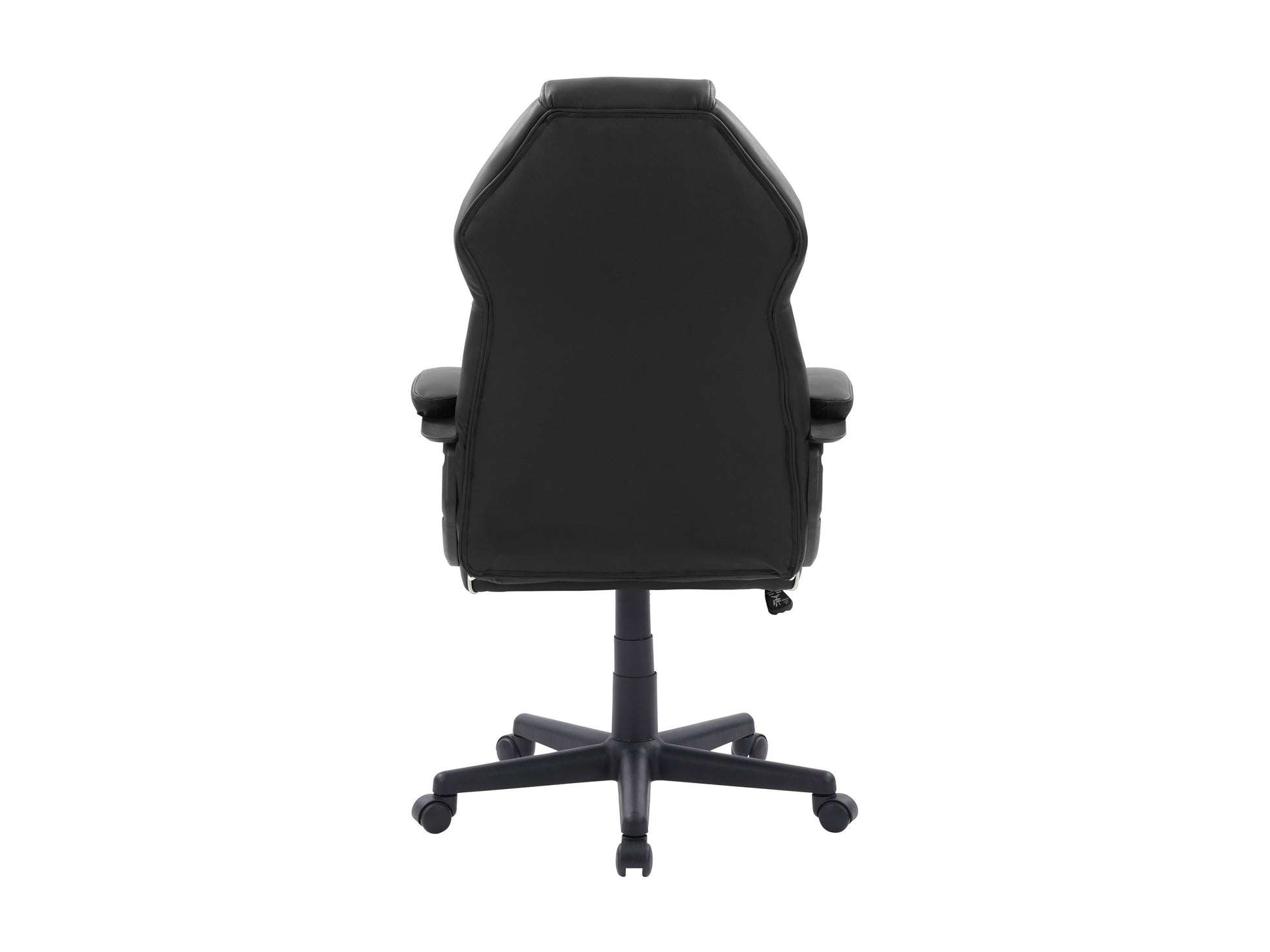Ergonomic gaming chair with black and red leather, adjustable armrests, high back, lumbar support, and smooth-rolling casters. Ideal for long hours of gaming or office use.