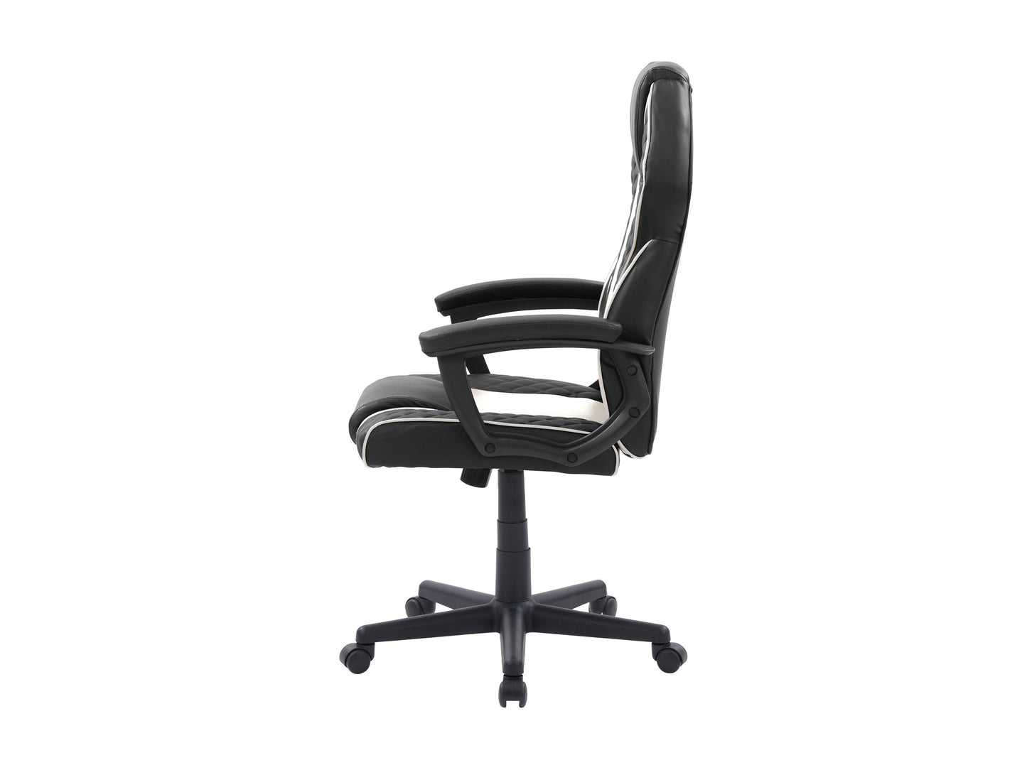 Ergonomic gaming chair with black and red faux leather, adjustable armrests, high backrest, lumbar support, and smooth-rolling casters.