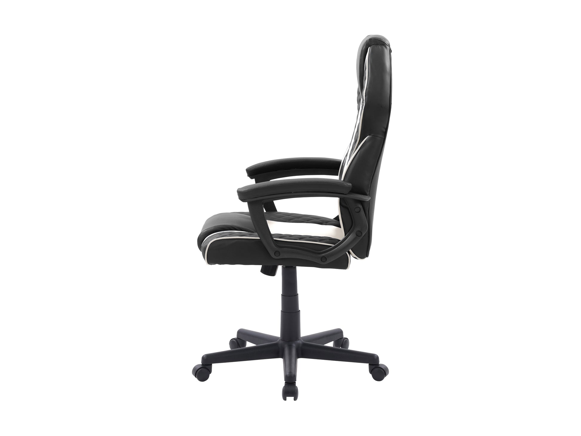 Ergonomic gaming chair with black and red faux leather, adjustable armrests, high backrest, lumbar support, and smooth-rolling casters.