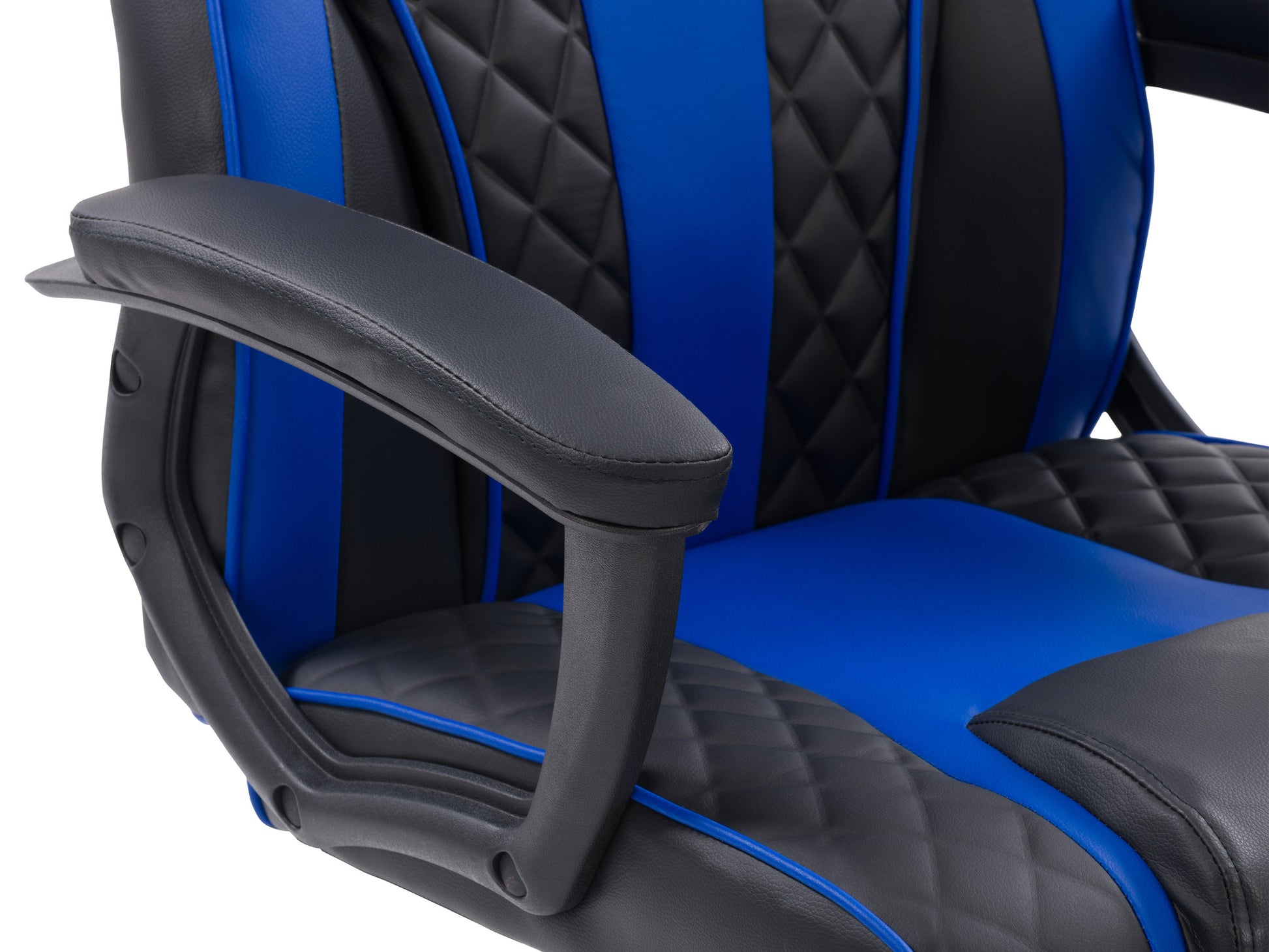 Ergonomic gaming chair with black and red faux leather, high backrest, adjustable armrests, lumbar support, and smooth-rolling casters.