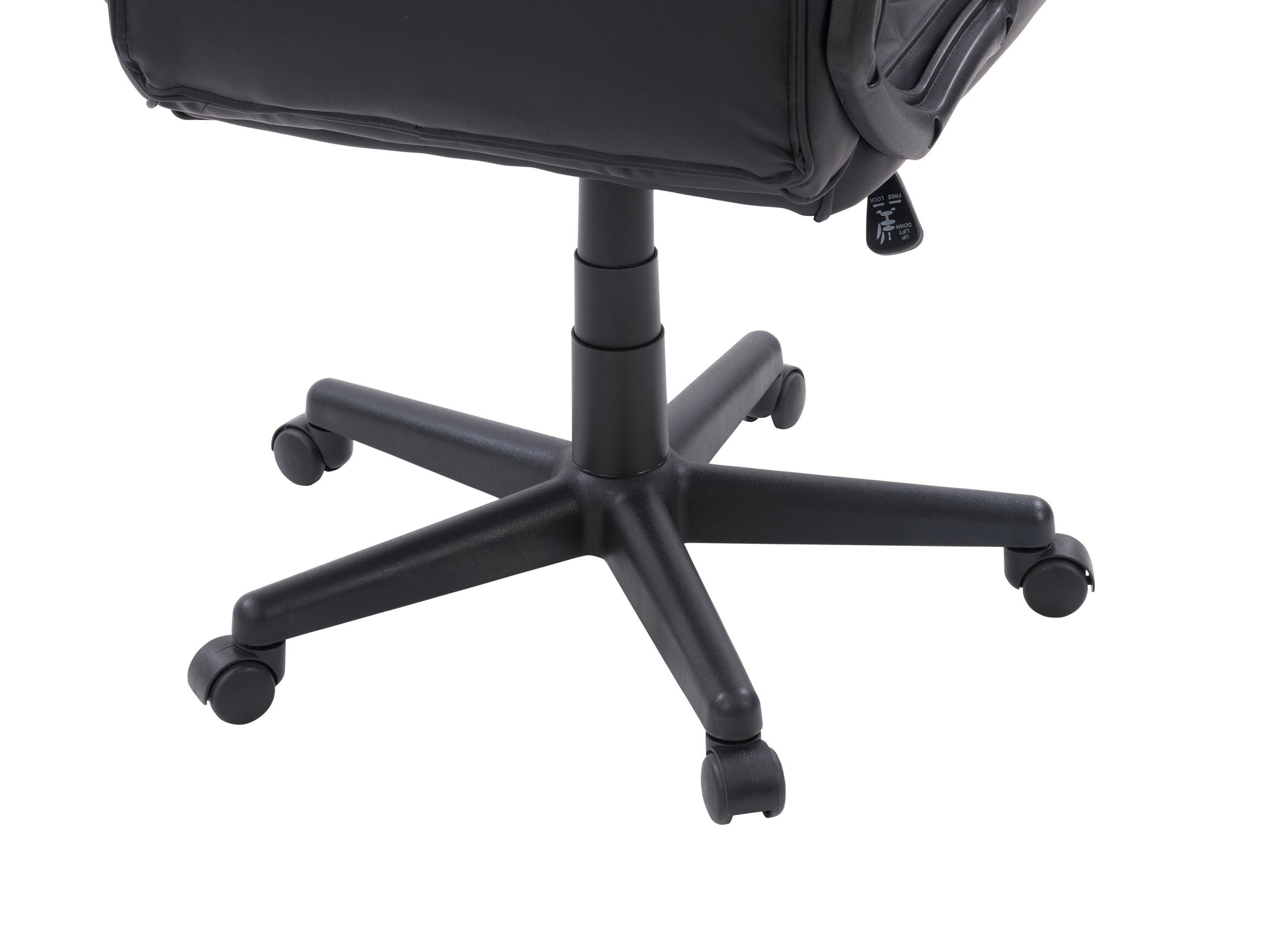 Ergonomic gaming chair with black and red faux leather, high backrest, adjustable armrests, lumbar support cushion, and smooth-rolling casters; ideal for long gaming sessions and office use.