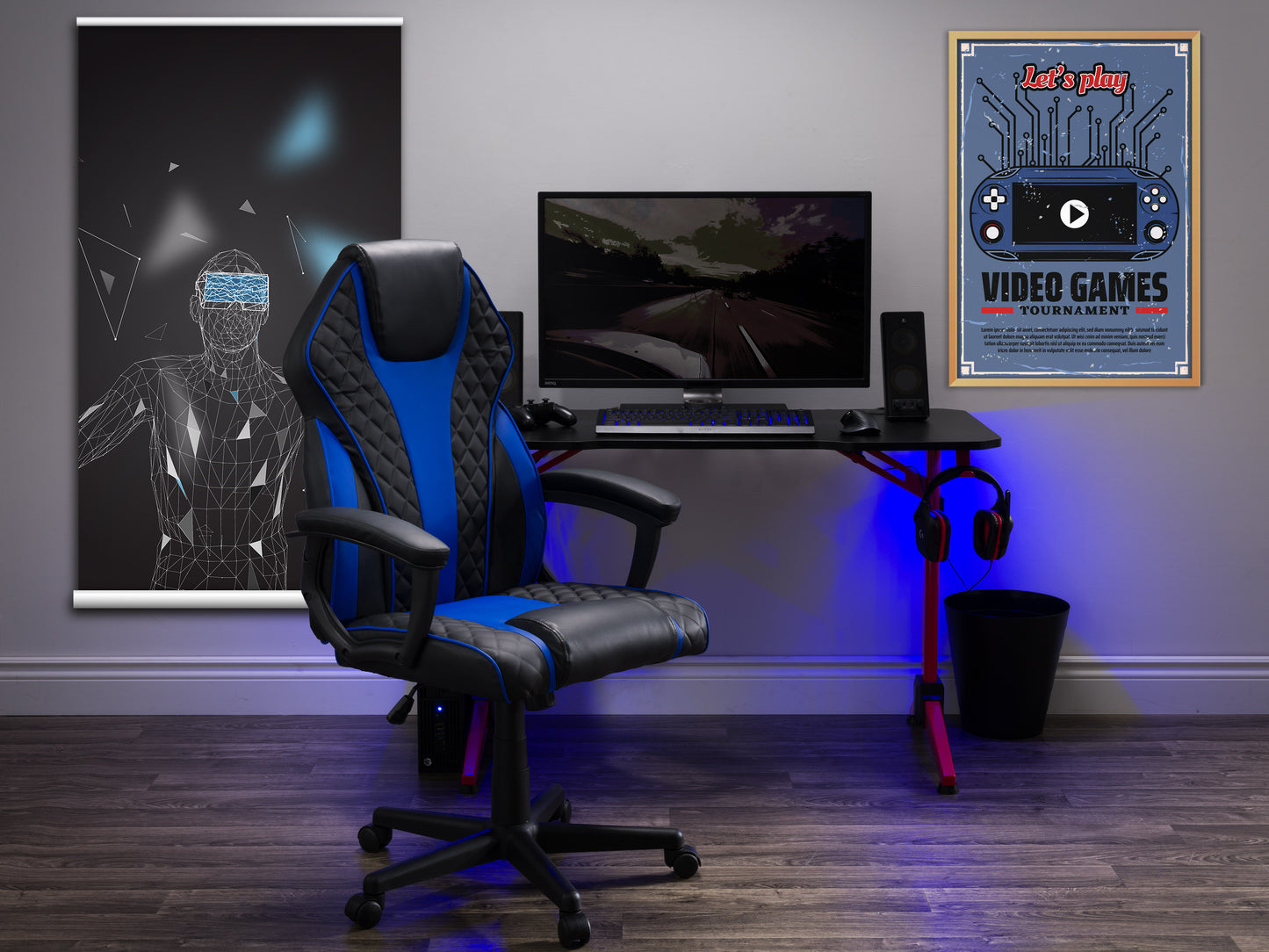 Black ergonomic gaming chair with red accents, adjustable armrests, high backrest, and lumbar support. Features breathable mesh fabric, cushioned seat, and swivel base with caster wheels, ideal for gamers and office use.