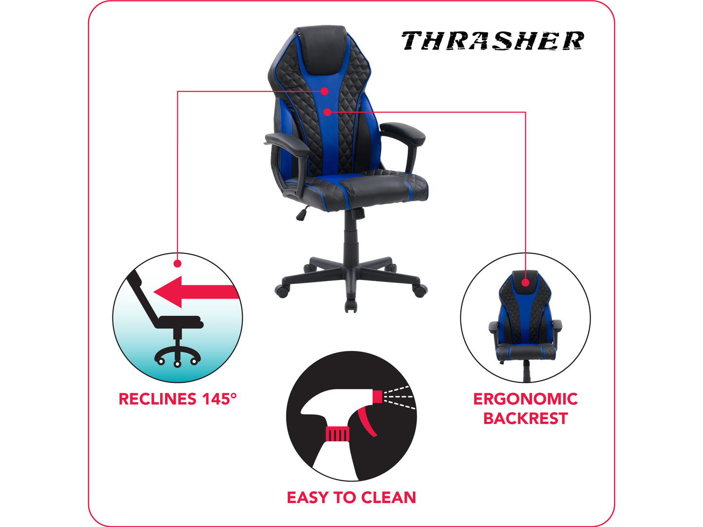 Ergonomic gaming chair with high-back design, black and red faux leather upholstery, adjustable armrests, cushioned seat, lumbar support, and reclining feature, perfect for comfortable, extended gaming sessions.