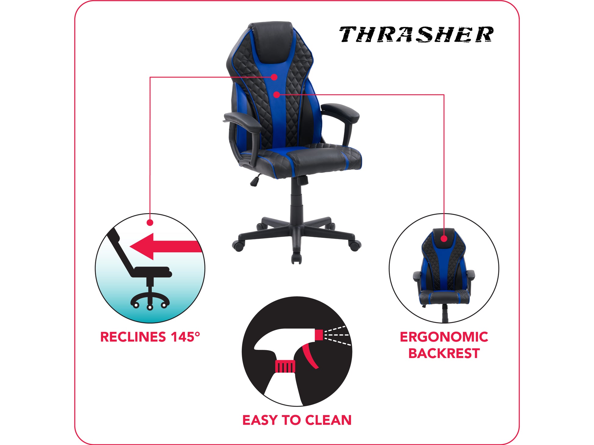 Ergonomic gaming chair with high-back design, black and red faux leather upholstery, adjustable armrests, cushioned seat, lumbar support, and reclining feature, perfect for comfortable, extended gaming sessions.