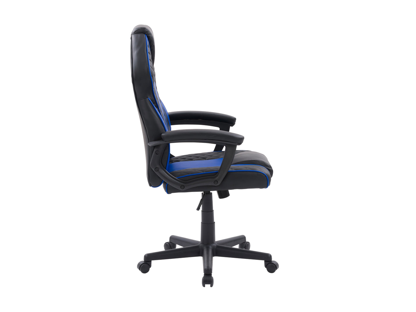 Ergonomic gaming chair with black and red PU leather, high backrest, adjustable armrests, and lumbar support pillow, designed for comfort and extended gaming sessions.