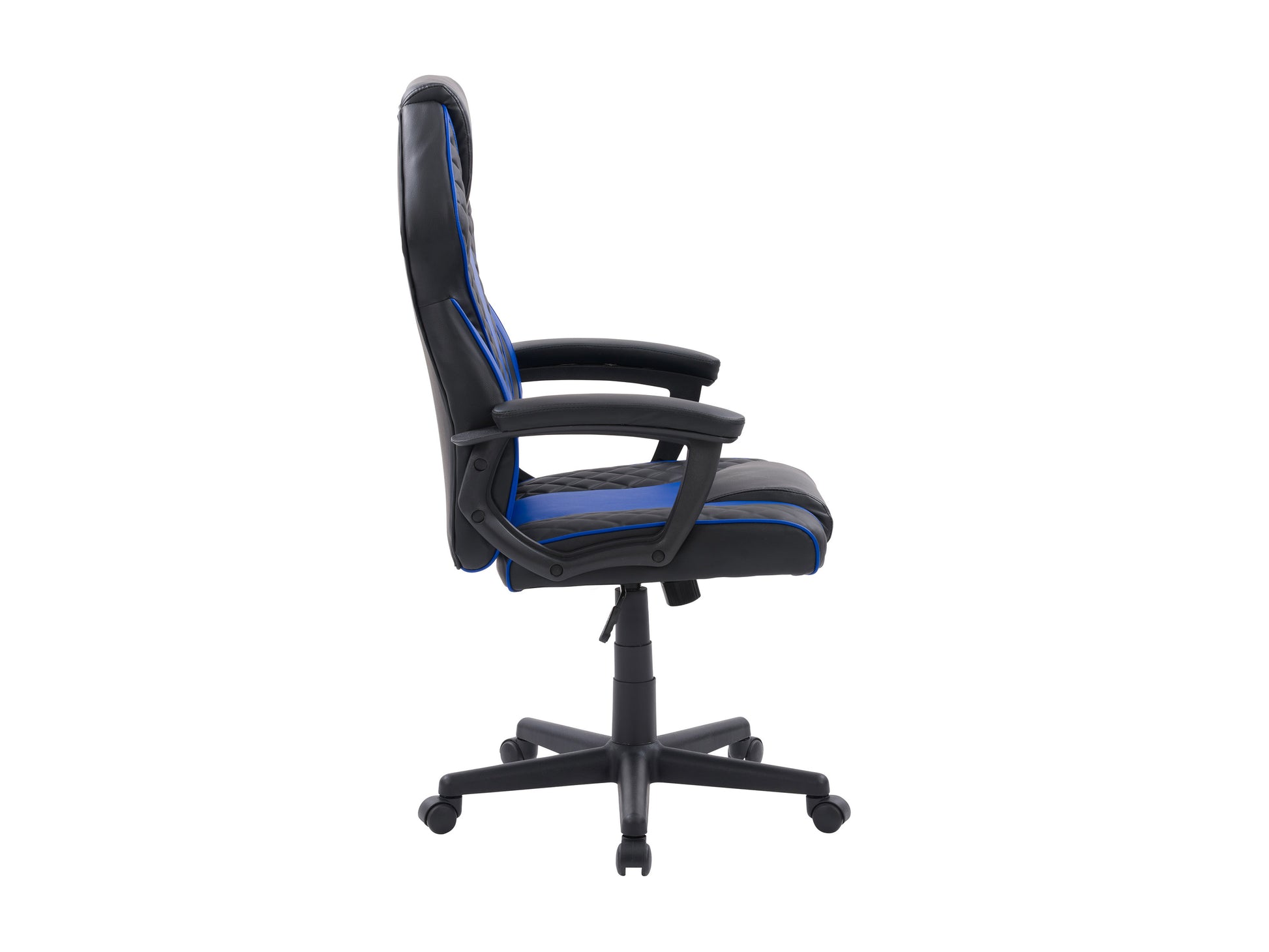 Ergonomic gaming chair with black and red PU leather, high backrest, adjustable armrests, and lumbar support pillow, designed for comfort and extended gaming sessions.
