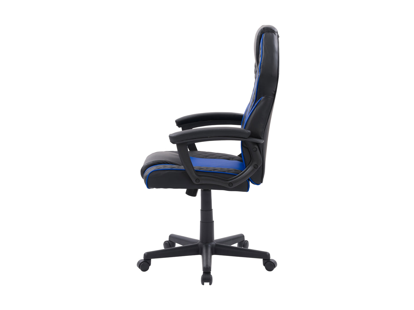 Ergonomic gaming chair in black and blue with adjustable armrests, high-density foam padding, breathable mesh backrest, and lumbar support pillow for enhanced comfort during long gaming sessions.