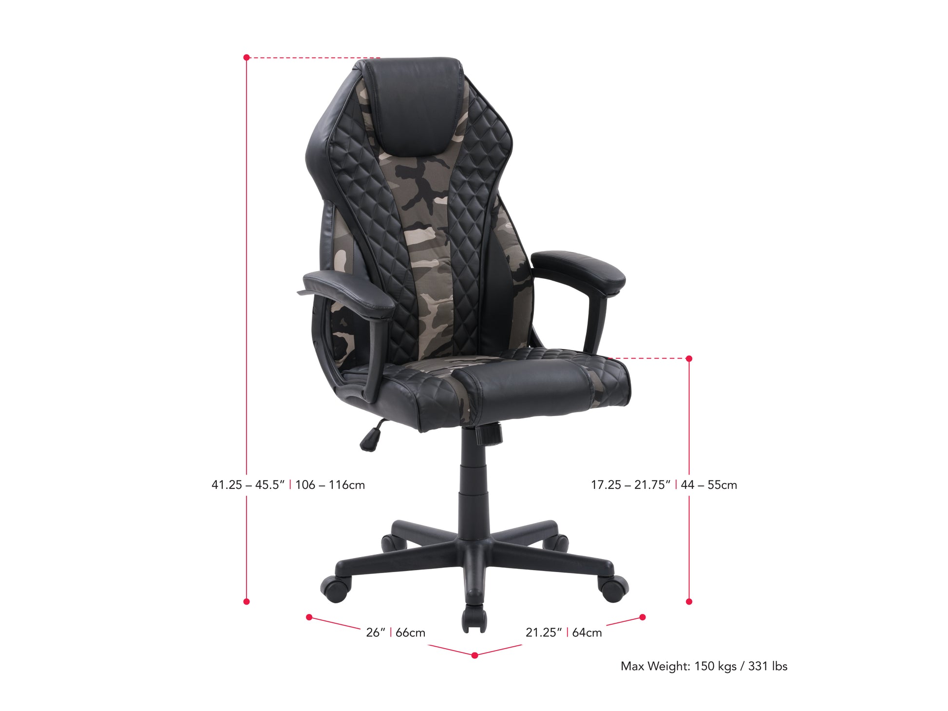 Ergonomic gaming chair with high backrest, black and red faux leather upholstery, adjustable armrests, lumbar support cushion, and smooth-rolling caster wheels.