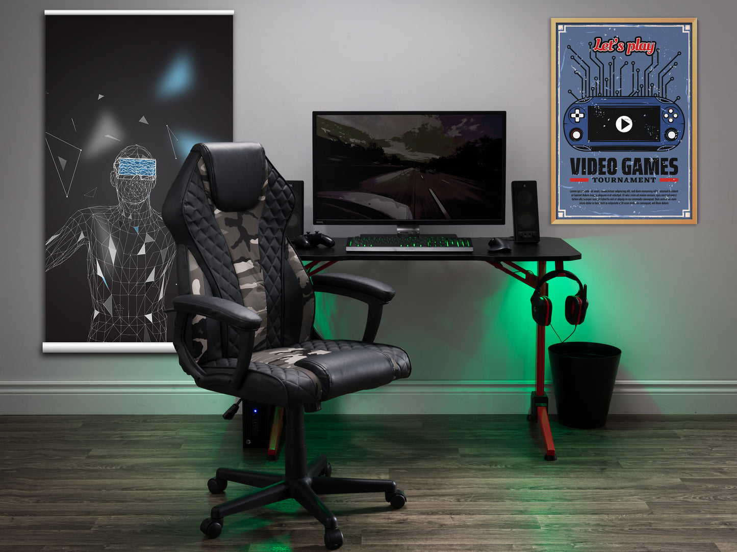 Ergonomic black and red gaming chair with lumbar support, adjustable armrests, high-back design, and breathable mesh fabric for comfort during long gaming sessions.