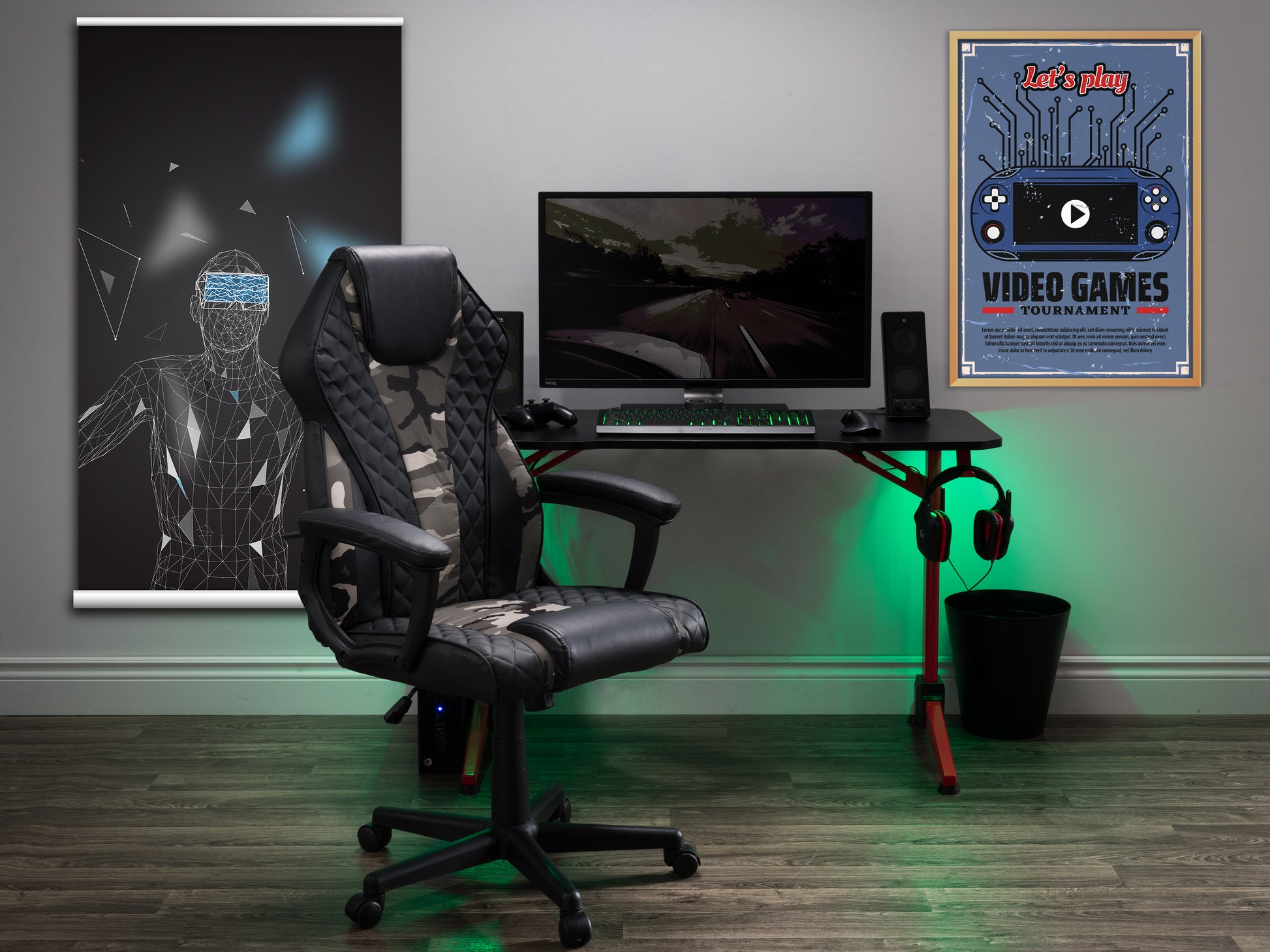 Ergonomic black and red gaming chair with lumbar support, adjustable armrests, high-back design, and breathable mesh fabric for comfort during long gaming sessions.