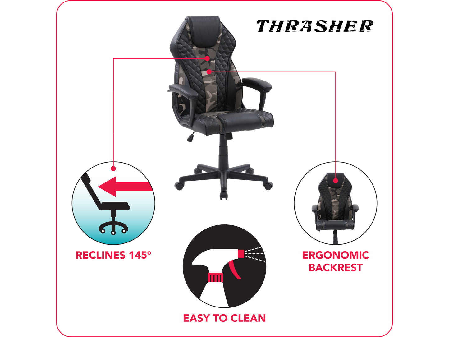 Ergonomic black and red gaming chair with adjustable armrests, lumbar support, and high backrest, made of leather and breathable mesh for ultimate comfort during long gaming sessions.