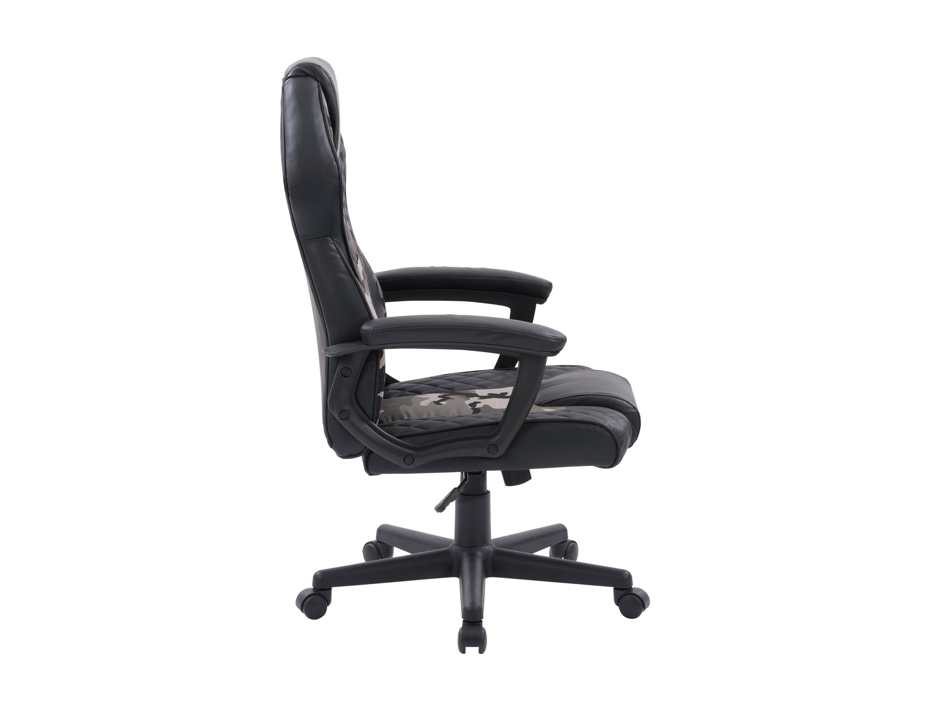 Ergonomic gaming chair with black and red PU leather, high backrest, adjustable armrests, lumbar support, and smooth-rolling caster wheels.