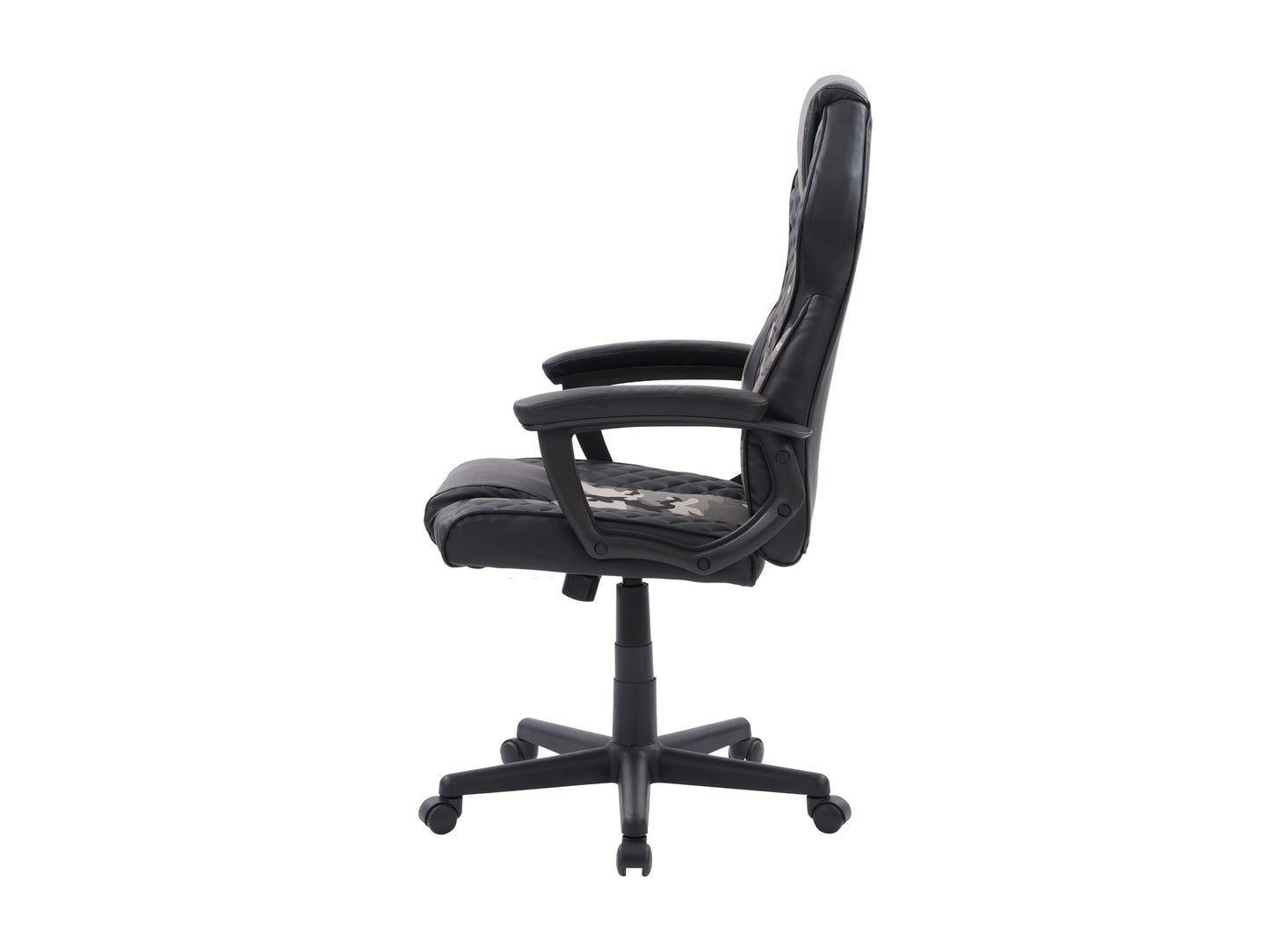 Ergonomic gaming chair in black and red faux leather with adjustable armrests, lumbar support, and high backrest. Features a sturdy metal frame, smooth-rolling casters, and a padded seat for maximum comfort.