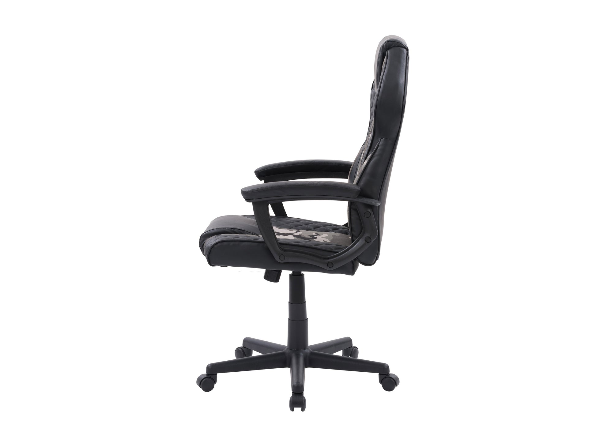 Ergonomic gaming chair in black and red faux leather with adjustable armrests, lumbar support, and high backrest. Features a sturdy metal frame, smooth-rolling casters, and a padded seat for maximum comfort.